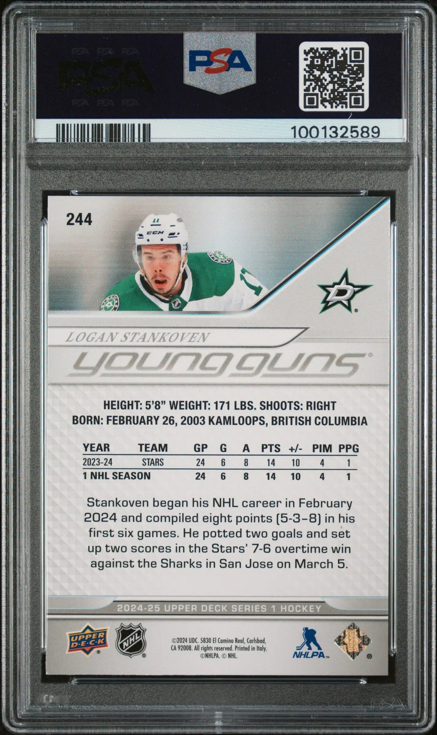 2024-25 Upper Deck Series 1 Hockey Logan Stankoven Young Guns PSA 8 Graded Rookie Card - Collectible Sports Memorabilia for Hockey Fans and Card Collectors