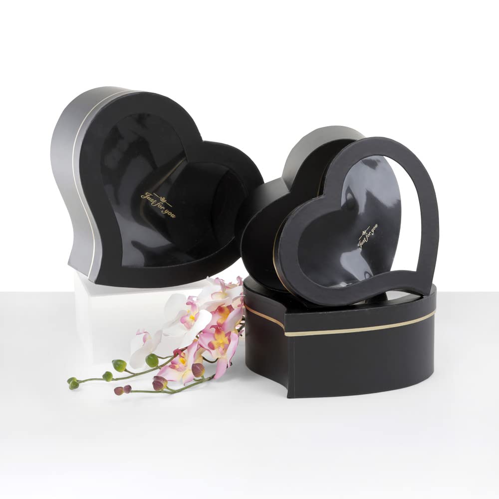 Premium Heart Shaped Gift Boxes Set of 3 - Luxury Black Valentine's Day Jewelry & Flower Packaging for Weddings, Anniversaries, and Romantic Occasions