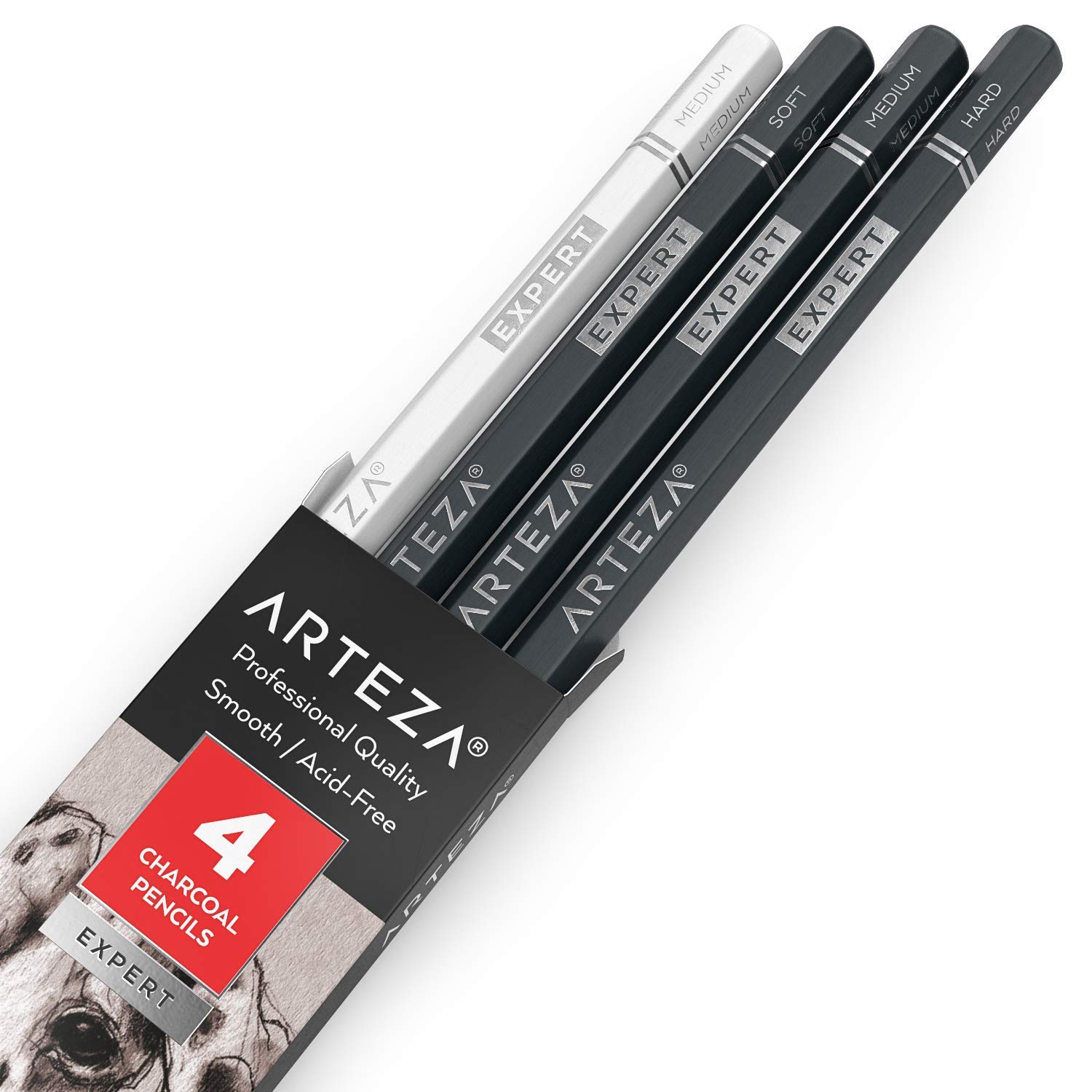 ARTEZA Charcoal Pencils Set - Soft, Medium, Hard & White for Drawing & Sketching - Perfect for Artists & Beginners