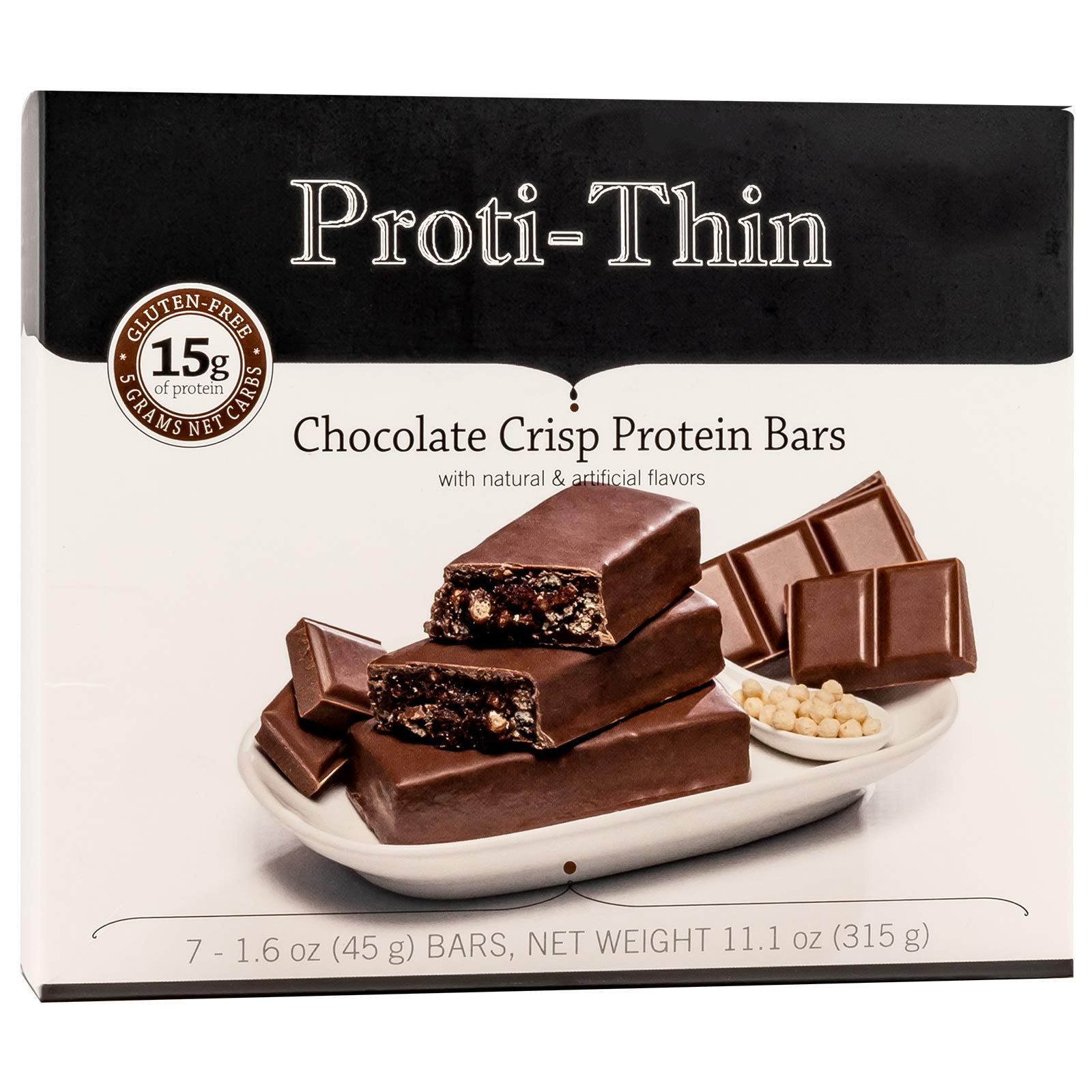 Proti-Thin Chocolate Crisp High Protein Bars - 15g Protein, Low Carb, Low Fat, Low Sugar, Gluten Free, Ideal Protein Compatible, Aspartame Free (7 Count Box) - Perfect for Weight Loss, Keto Diet & Post-Workout Recovery