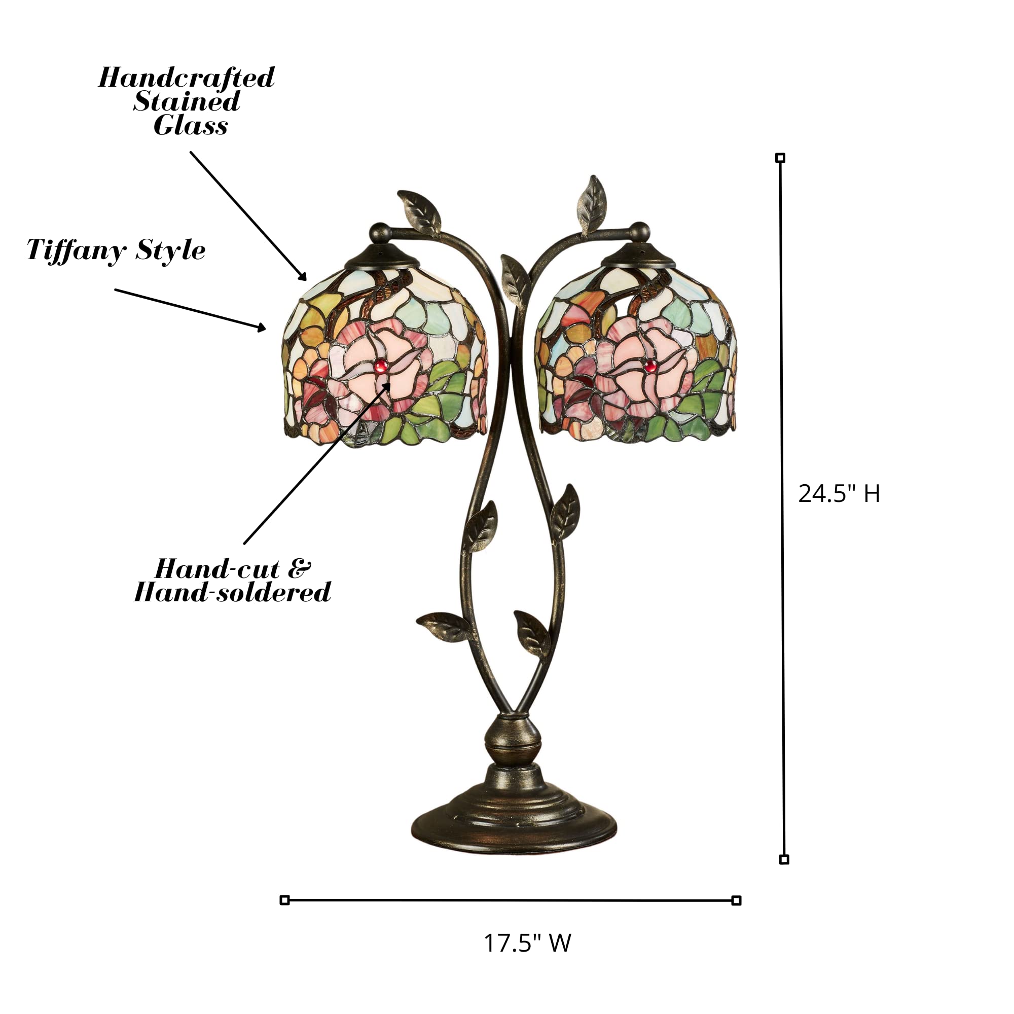 Handcrafted Tiffany Style Jacinthia Floral Stained Glass Table Lamp - Red & Pink Flowers, Double Shade, Hand-Painted - Elegant Bedroom & Desk Lighting for Home Decor, Living Room, Office