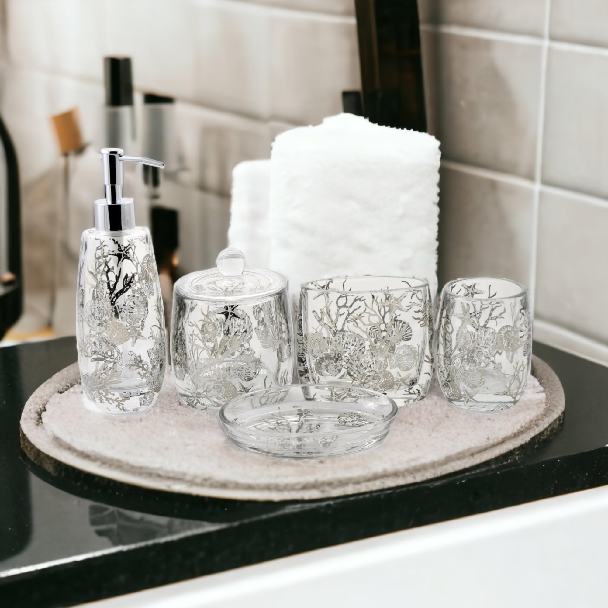 5-Piece Glass Bathroom Accessories Set with Antler Design - Nature Inspired Home Decor for Bathroom, Spa, and Cabin Style Decorating