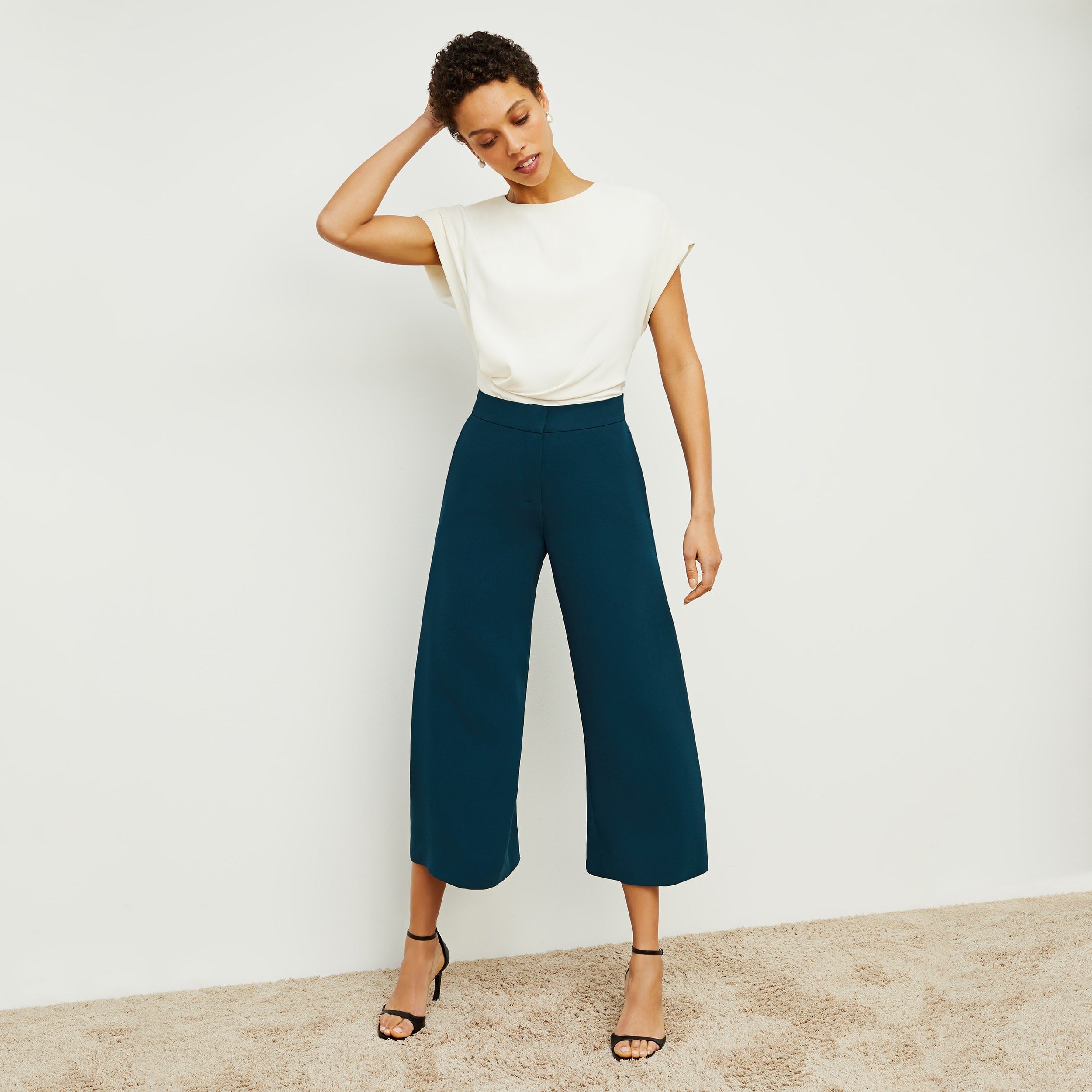 Zhou Culotte Women's High Waist Wide Leg Pants - Heavy Crepe Fabric - Rainforest Print - Elegant & Comfortable for Work, Travel & Casual Wear