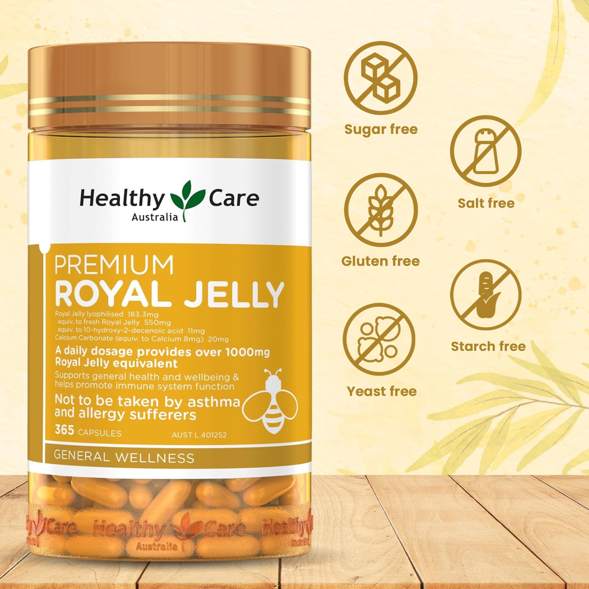 Healthy Care Royal Jelly 1000mg 365 Capsules - Premium Australian Made Bee Pollen Supplement for Immune Support & Energy Boost - Daily Wellness for Adults & Seniors