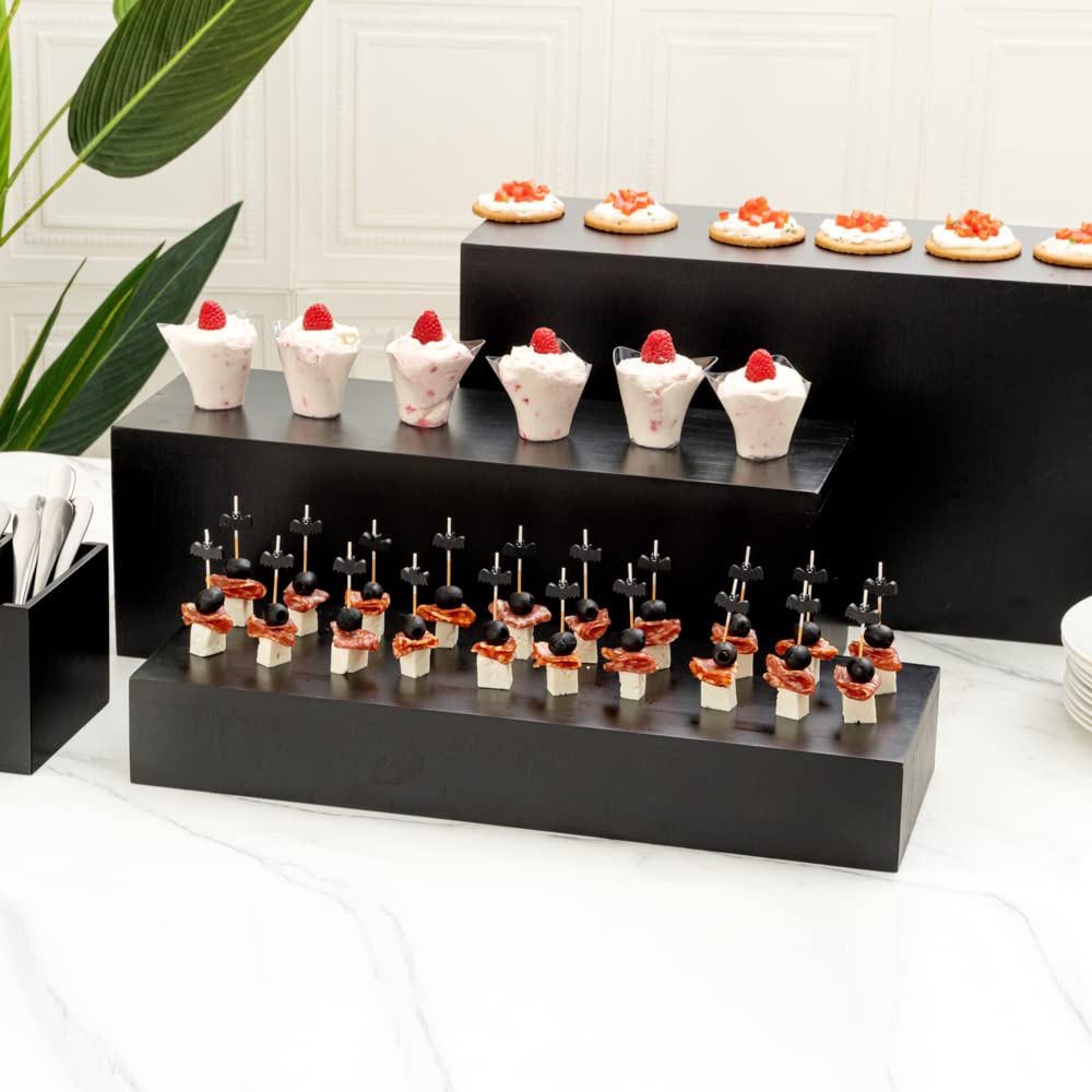 20.5 x 7 x 11 Inch Black Bamboo Food Display Riser - Wooden Bakery Stand for Cupcakes, Candy & Desserts | Perfect for Retail Stores, Catering Events & Buffet Displays | Durable Restaurantware for Showcasing Treats
