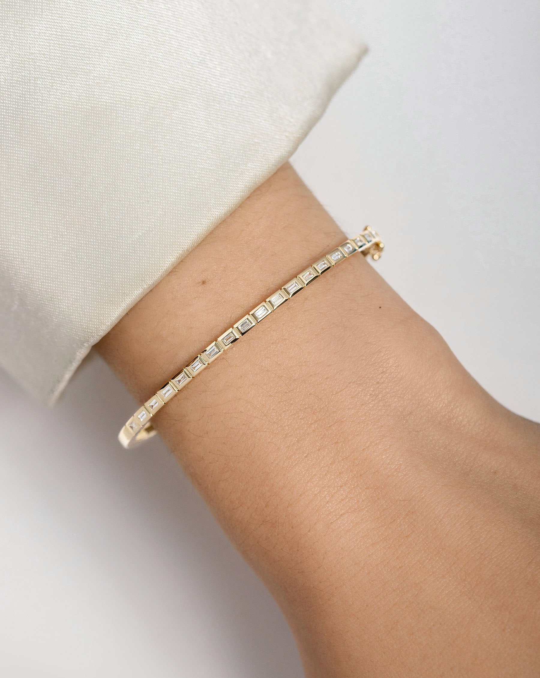 Elegant Baguette Bezel Bangle Bracelet for Women - 14K Gold Plated Cubic Zirconia Tennis Bracelet - Perfect for Weddings, Parties & Special Occasions