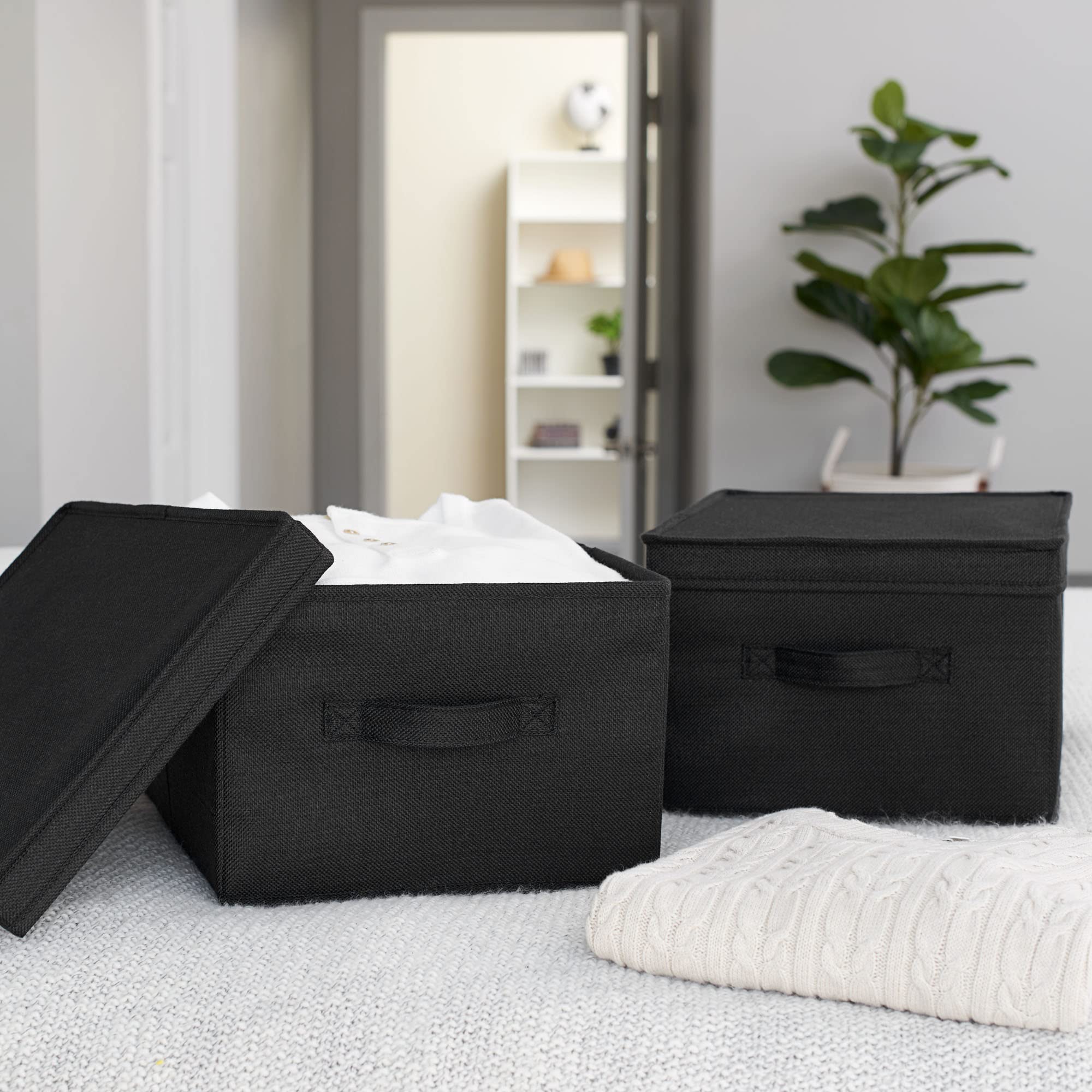 Large Fabric Storage Box with Lid - Set of 2, Black - Organize Closet, Nursery, or Office - Foldable Collapsible Storage Bins for Home Organization
