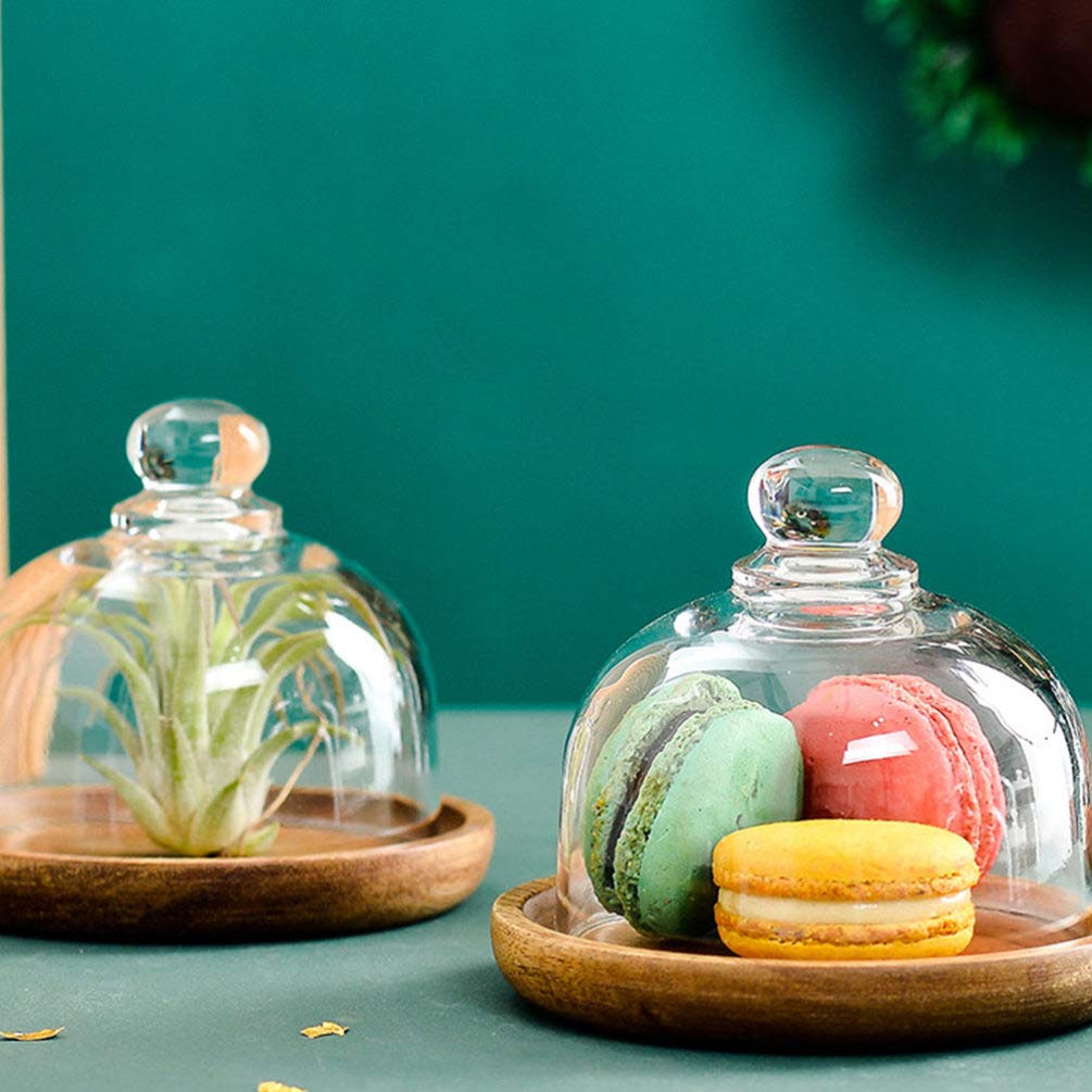2Pcs Clear Glass Cake Stand with Dome Cover - Round Cake Plate Server Platter with Wooden Base & Glass Bell Jar - Perfect for Birthday Parties, Weddings, and Dessert Displays