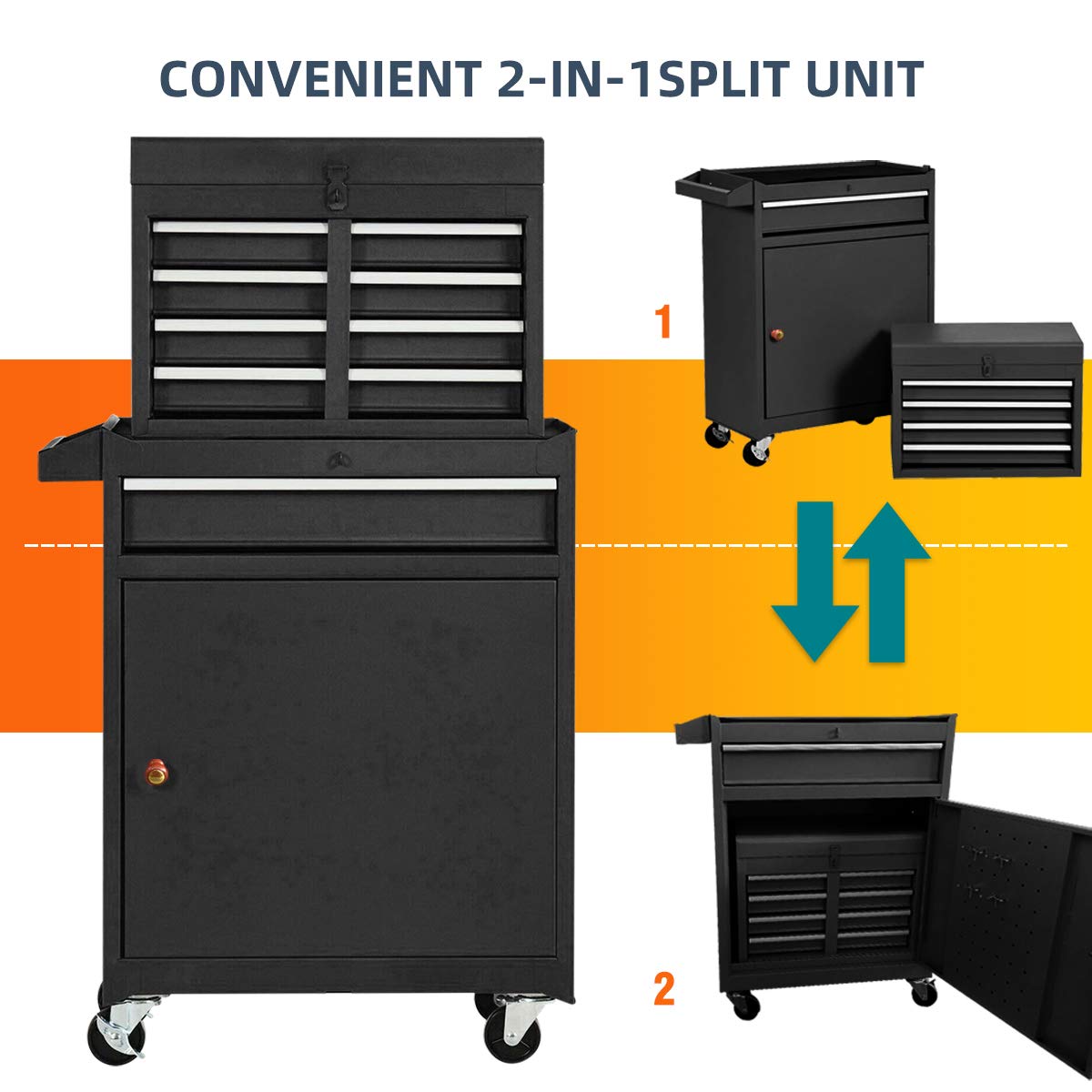 X&T Heavy Duty Composite Rolling Tool Box - 4-Wheel Lockable Storage Cabinet with 5 Detachable Drawers, High Capacity Steel Organizer for Garage, Workshop & Warehouse | Perfect for Automotive Tools, Hardware Storage & Industrial Organization (Black)