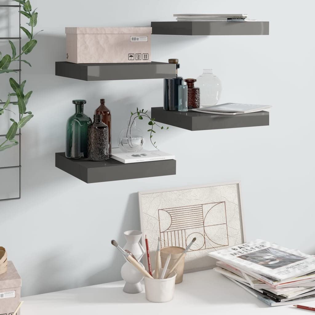Floating Shelves Set of 4 - Wall Mounted Shelves with Invisible Brackets for Bedroom, Bathroom, Living Room, Hallway - Modern Grey High Gloss Display Shelves (9.1 x 9.3 Inches) - Perfect for Books, Plants, Photos and Home Decor Organization