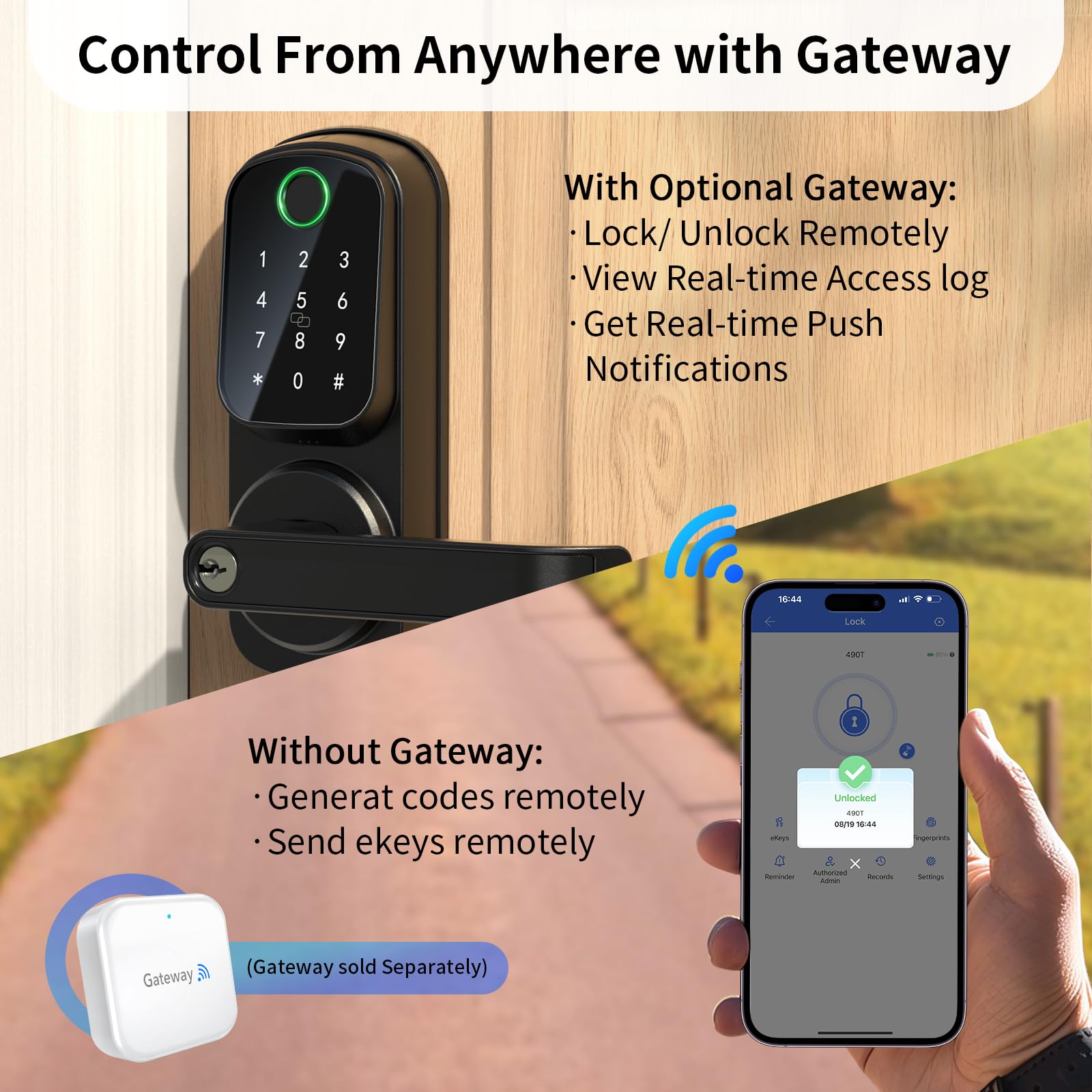 IRONZON Smart Keyless Entry Door Lock with Handle - 5-in-1 Keypad Deadbolt for Front Door (Fingerprint, Password, Key, APP Control) - Perfect for Home Security & Vacation Rentals
