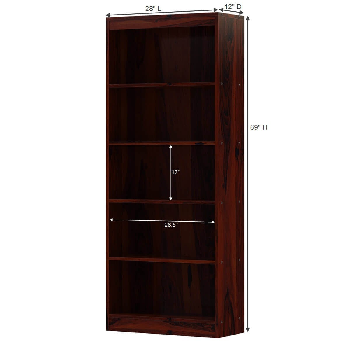 Solid Wood 5-Tier Open Shelf Bookcase - Rustic Style Home Office Bookshelf for Living Room, Bedroom & Study Organization