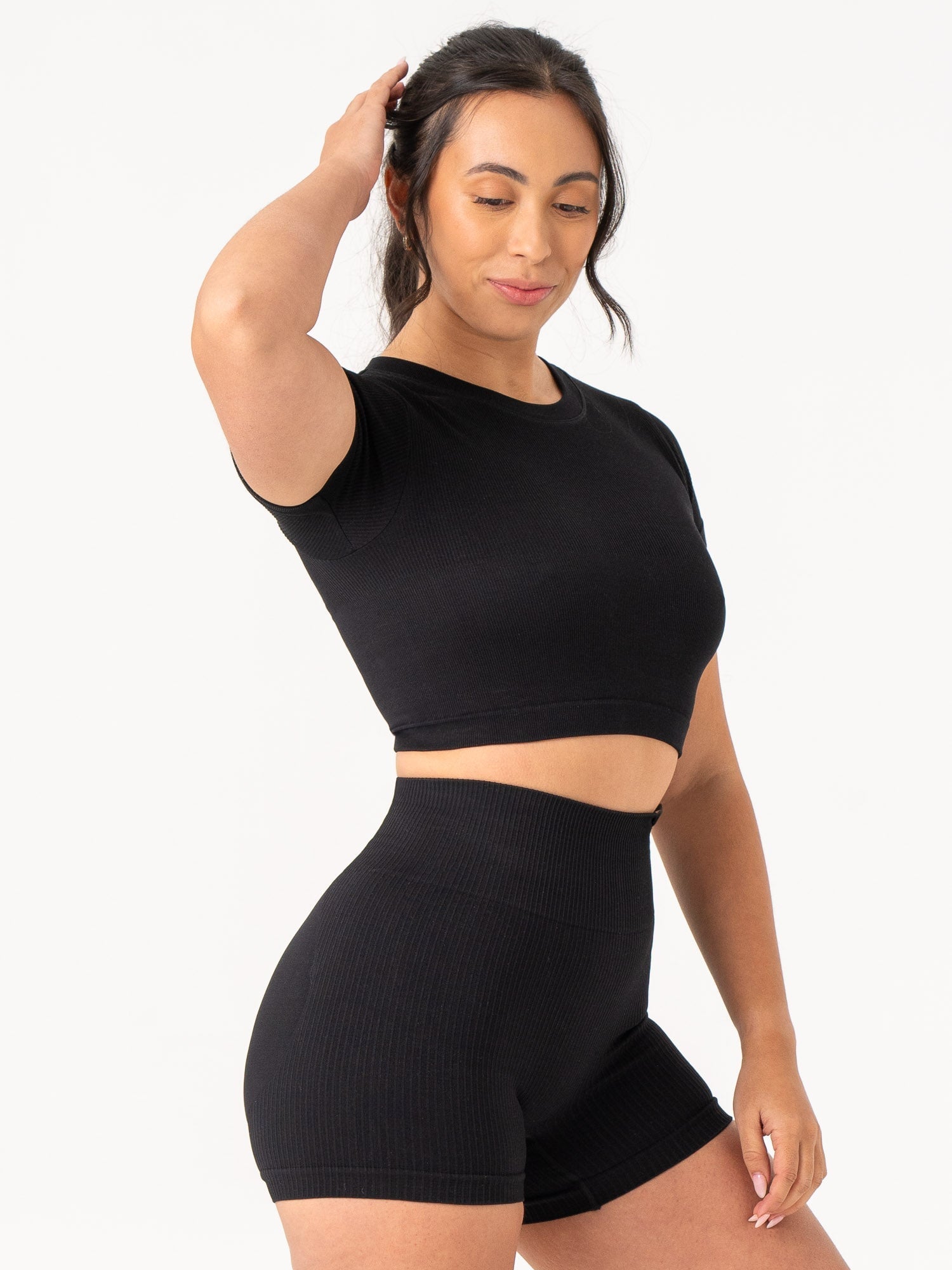 Rib Seamless T-Shirt for Women - Soft Stretch Comfort Fit Crew Neck Black Top | Perfect for Yoga, Gym, Lounge & Everyday Wear