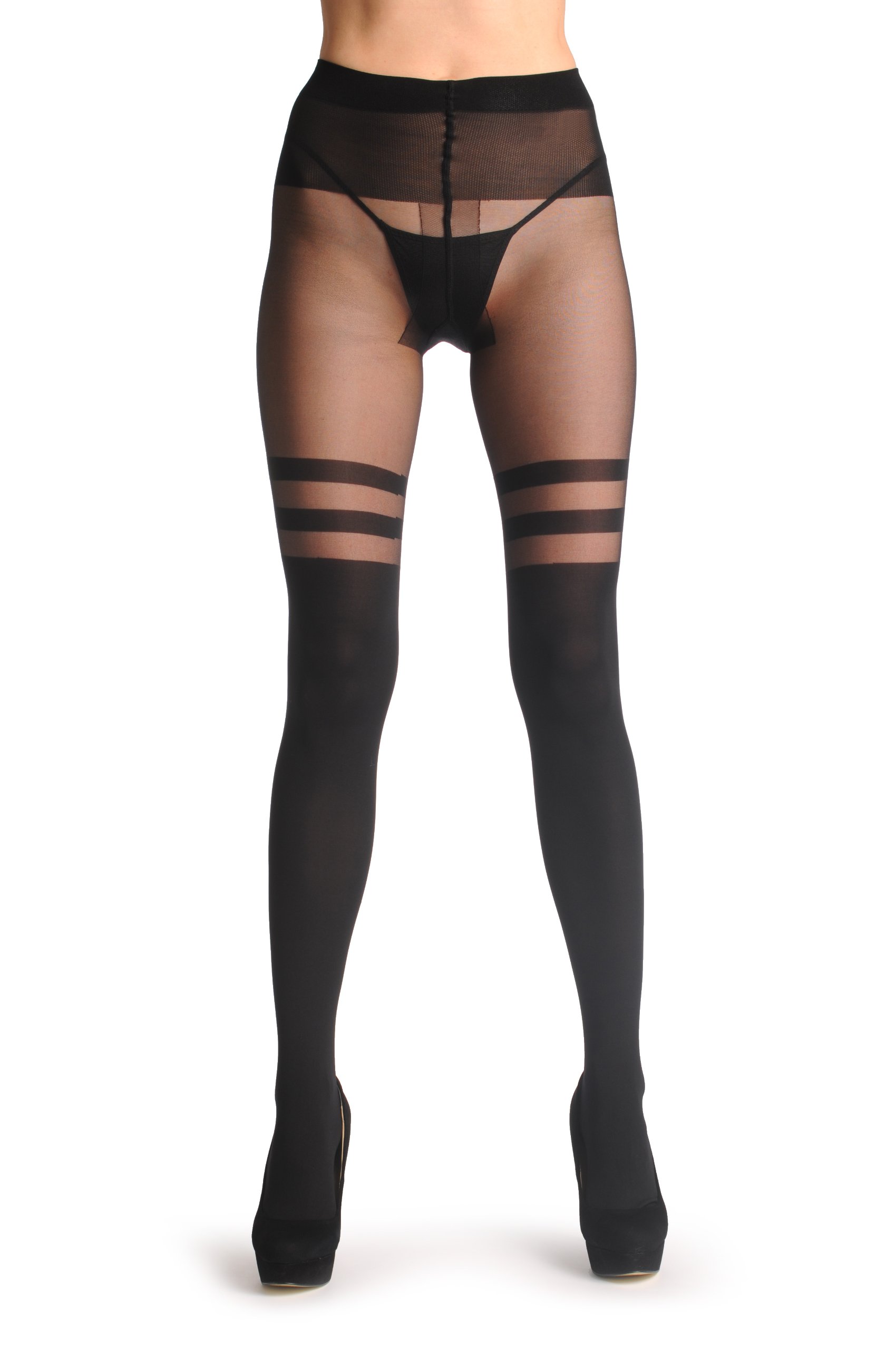 LissKiss Black Faux Stockings with Striped Top - 60 Denier Sheer Pantyhose for Women | Perfect for Office, Party & Special Occasions