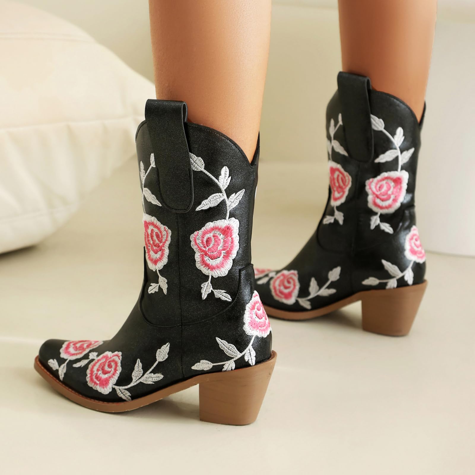 Roimaash Fashion Women's Rose Embroidery Cowgirl Boots - Ankle High Western Cowboy Boots for Country Dancing, Rodeo & Casual Wear