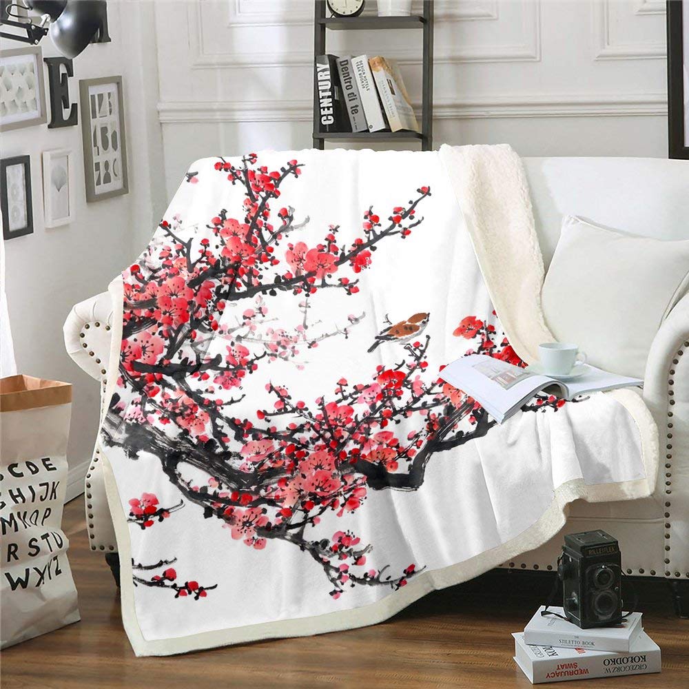 Chinese Style Floral Sherpa Throw Blanket - Plum Blossom Rose Bird Oil Painting Design | Ultra Soft Flannel Blanket for Couch, Sofa & Bed (90x90 Queen Size) | Perfect for Living Room Decor, Winter Warmth & Gifts | Ideal for Cozy Evenings, Home Styling & Holiday Presents | Great for Reading Nooks, Fireplace Lounging & Guest Room Comfort | Best for Home Decor, Winter Snuggling, Christmas Gifts & Cozy Home Atmosphere