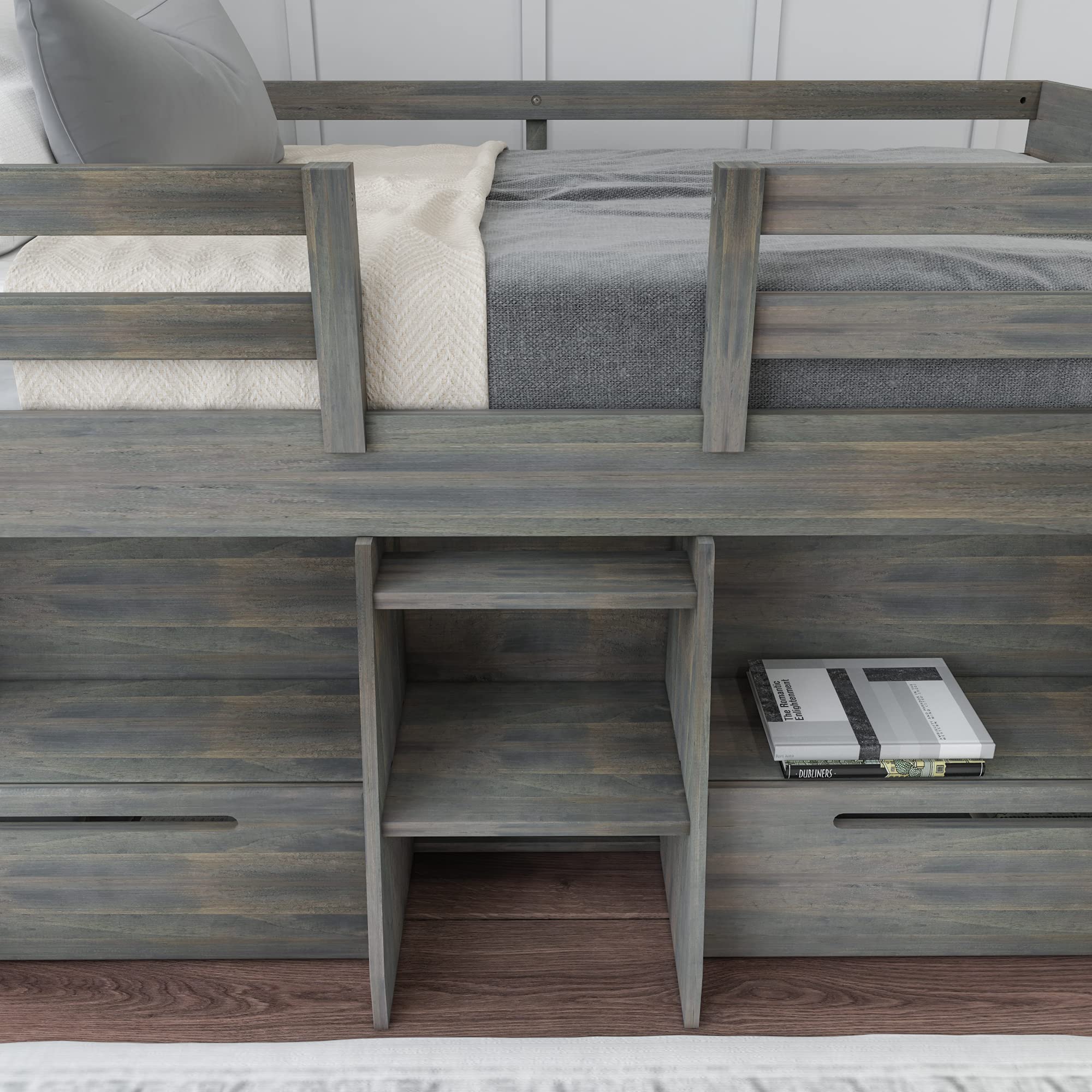 Modern Farmhouse Low Loft Bed with 2 Drawers - Twin Size, Solid Wood Frame in Driftwood Finish | Space-Saving Kids Bedroom Furniture for Small Rooms & Dorm Decor