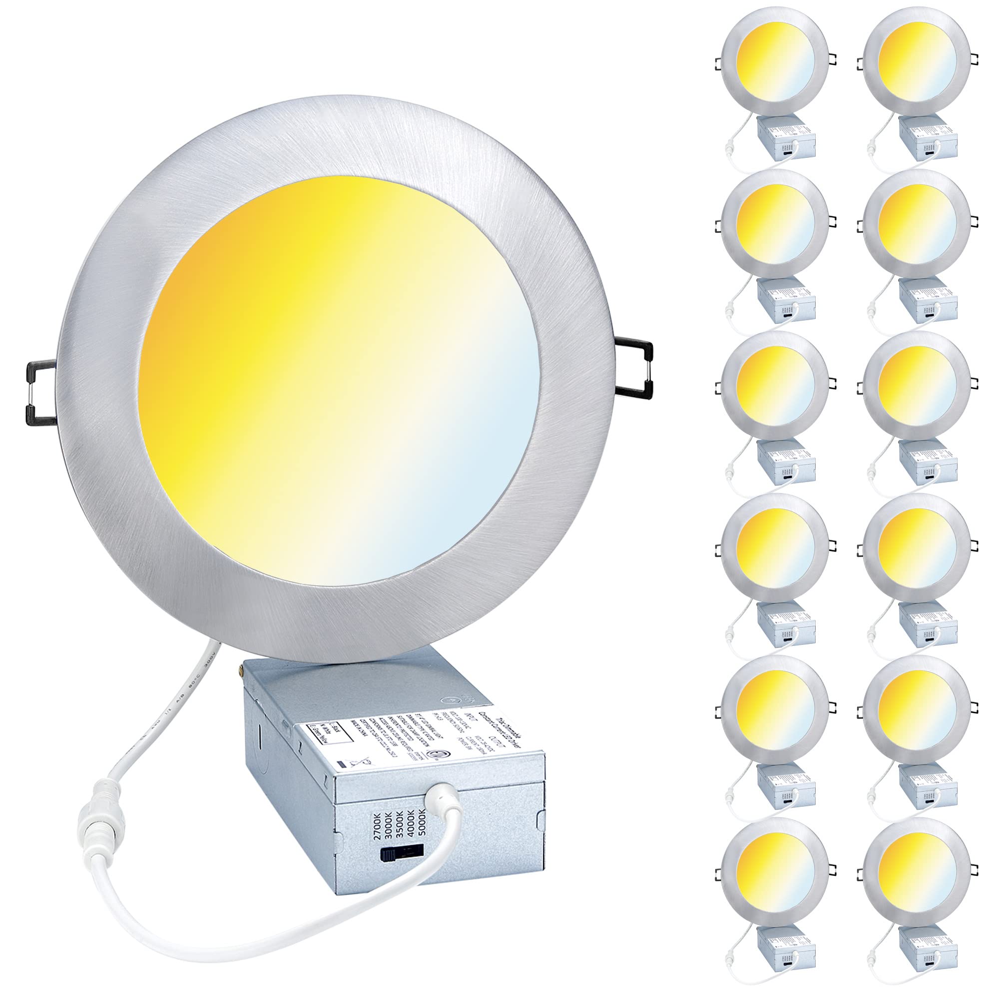6-Inch Dimmable LED Recessed Lights - Slim Canless Downlight, 12W 120V, 5 CCT Adjustable (Warm to Cool White), Brushed Nickel Finish with Junction Box - 12 Pack - Perfect for Living Room, Kitchen, Bedroom, and Office Ceiling Lighting