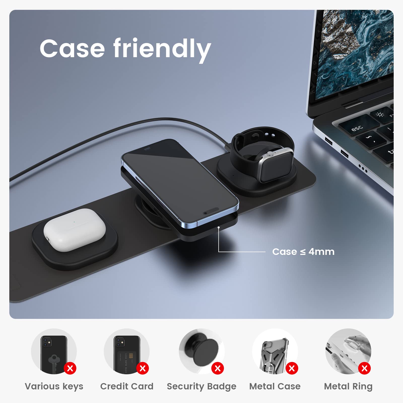 3-in-1 Magnetic Wireless Charging Station for iPhone 14/13/12 Pro Max, Apple Watch, AirPods - Portable Foldable Travel Charger (Black) | Perfect for Home, Office & Car Use
