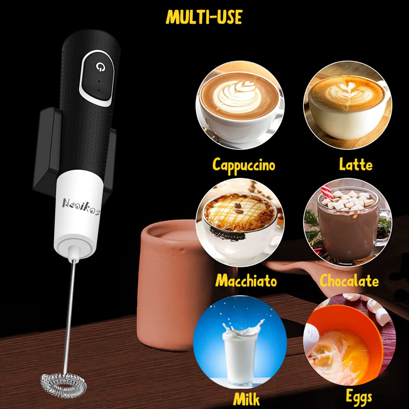 Electric Milk Frother Handheld - Rechargeable Coffee Mixer & Frother Whisk for Latte, Cappuccino, Matcha, Hot Chocolate - Mini Blender for Kitchen, Office, Travel & Home Use
