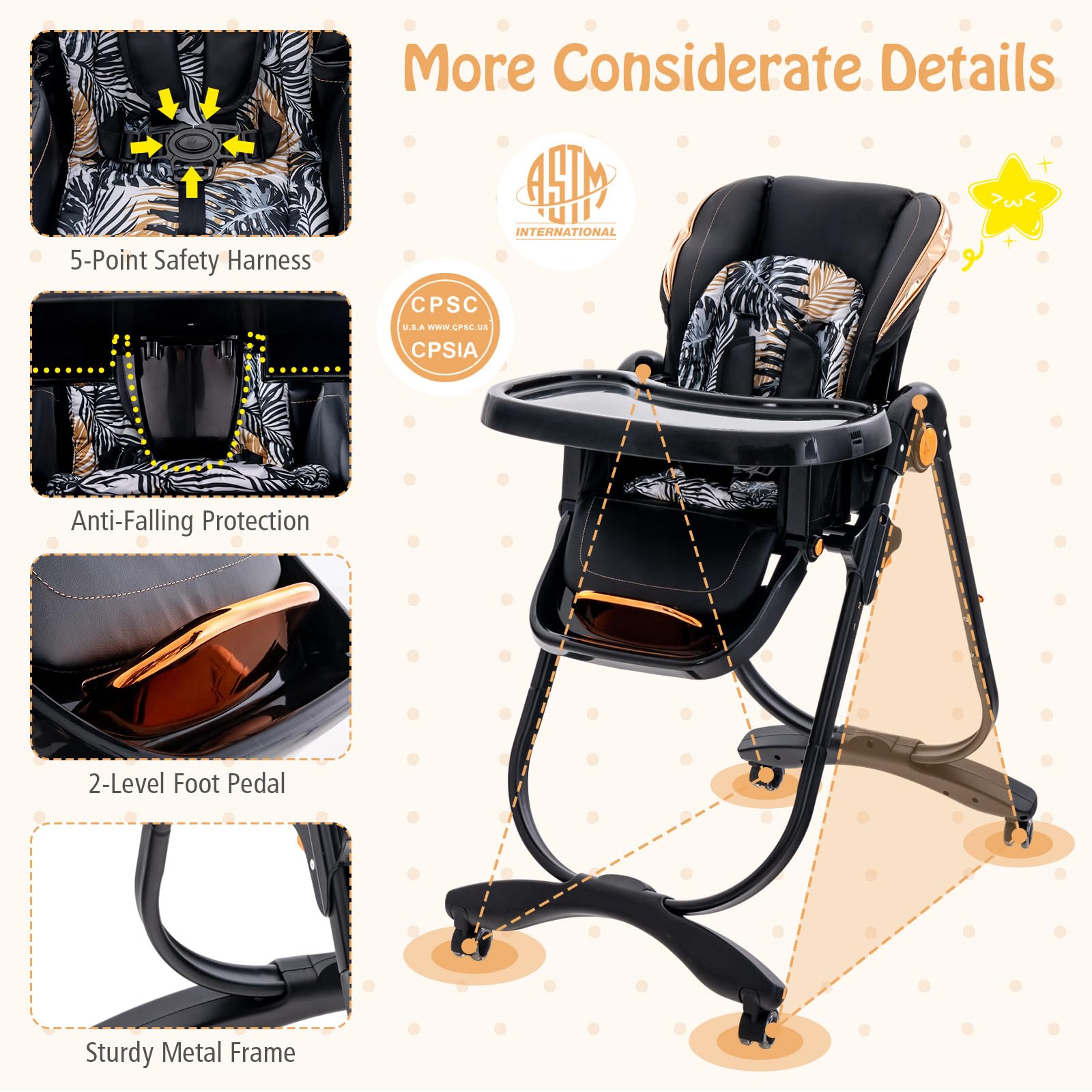 Baby Joy Foldable High Chair with Adjustable Height, Backrest & Footrest - Double Removable Tray & Wheels - Portable Dining Chair for Babies & Toddlers 6-36 Months (Black) - Perfect for Home, Restaurant & Travel Use