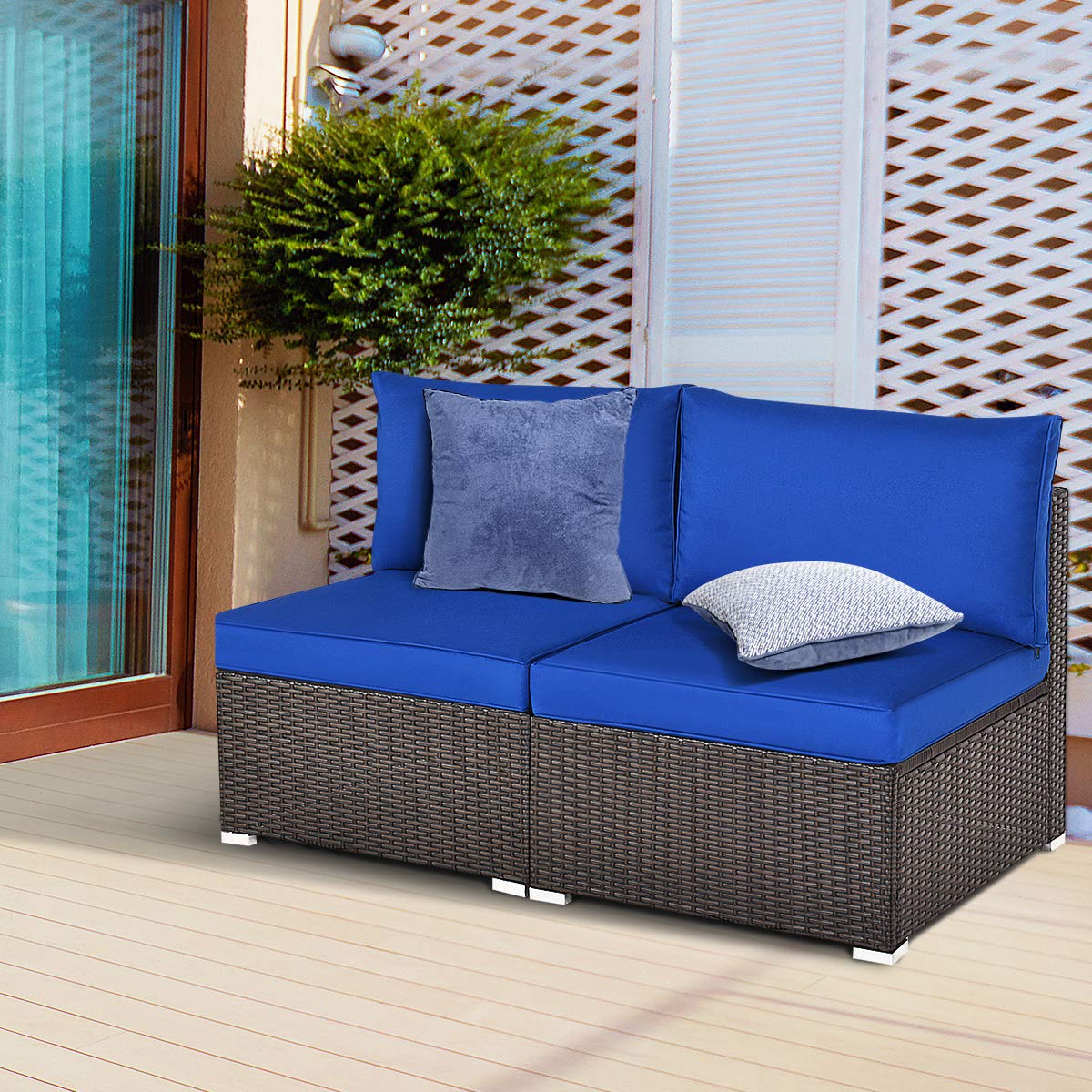 HAPPYGRILL 2-Piece Armless Outdoor Rattan Wicker Sectional Sofa Set with Cushions - Patio Furniture for Garden, Porch, Balcony, Poolside & Backyard Relaxation