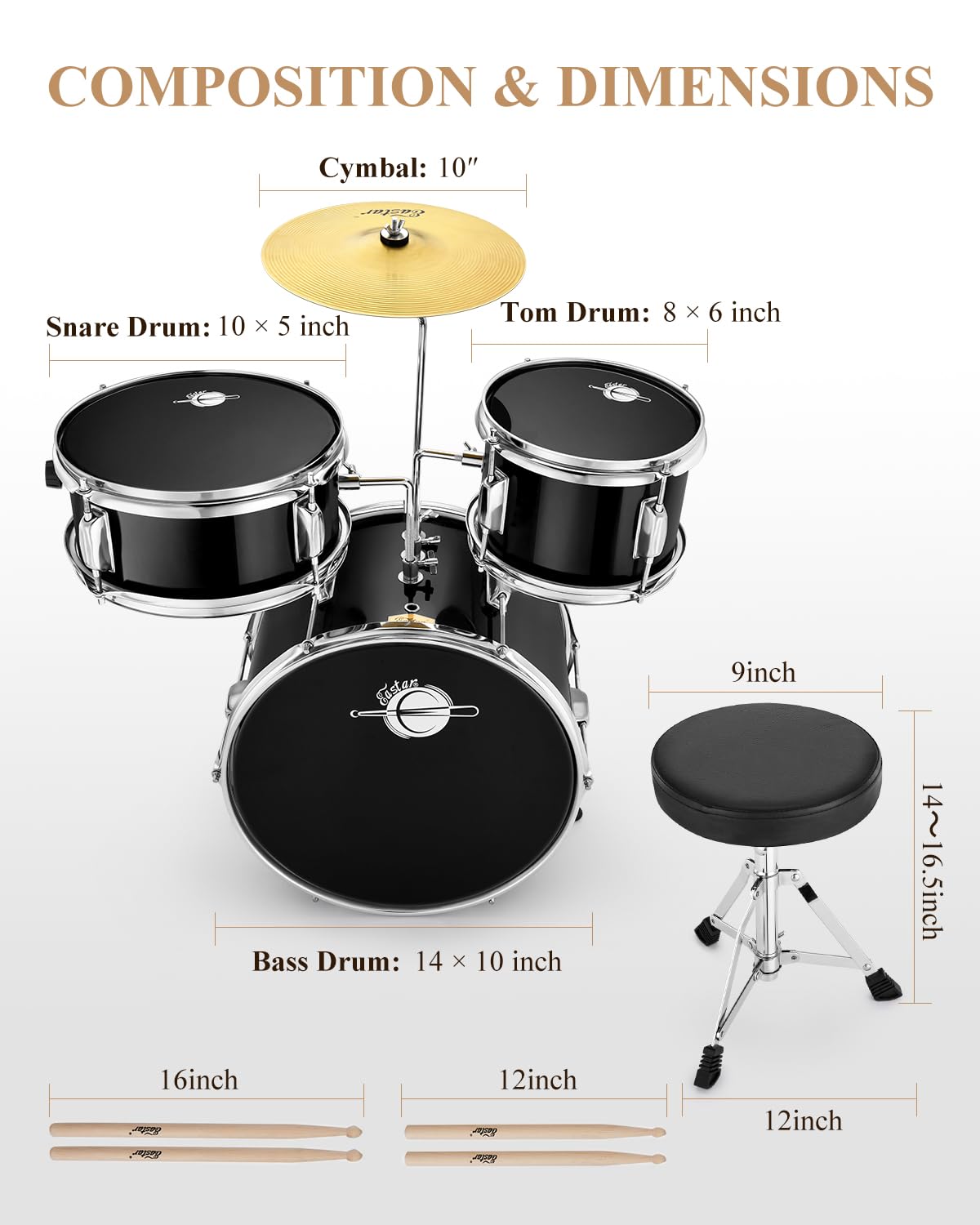 Eastar 14'' Kids Beginner Drum Set - 3 Piece with Bass, Tom, Snare Drum, Adjustable Throne, Cymbal, Pedal & 2 Pairs Drumsticks - Metallic All Black - Perfect for Home Practice, Music Lessons & First Drum Kit for Young Musicians