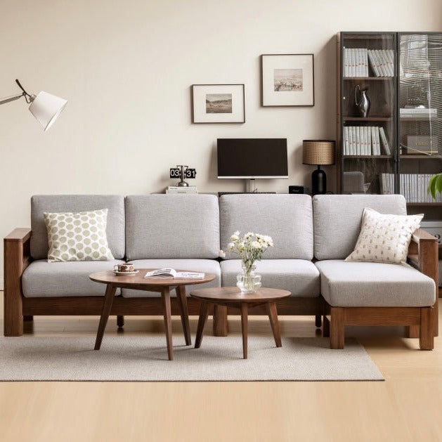 Solid Oak Wood Walnut Fabric Sofa - Modern Living Room Furniture for Home & Office Comfort