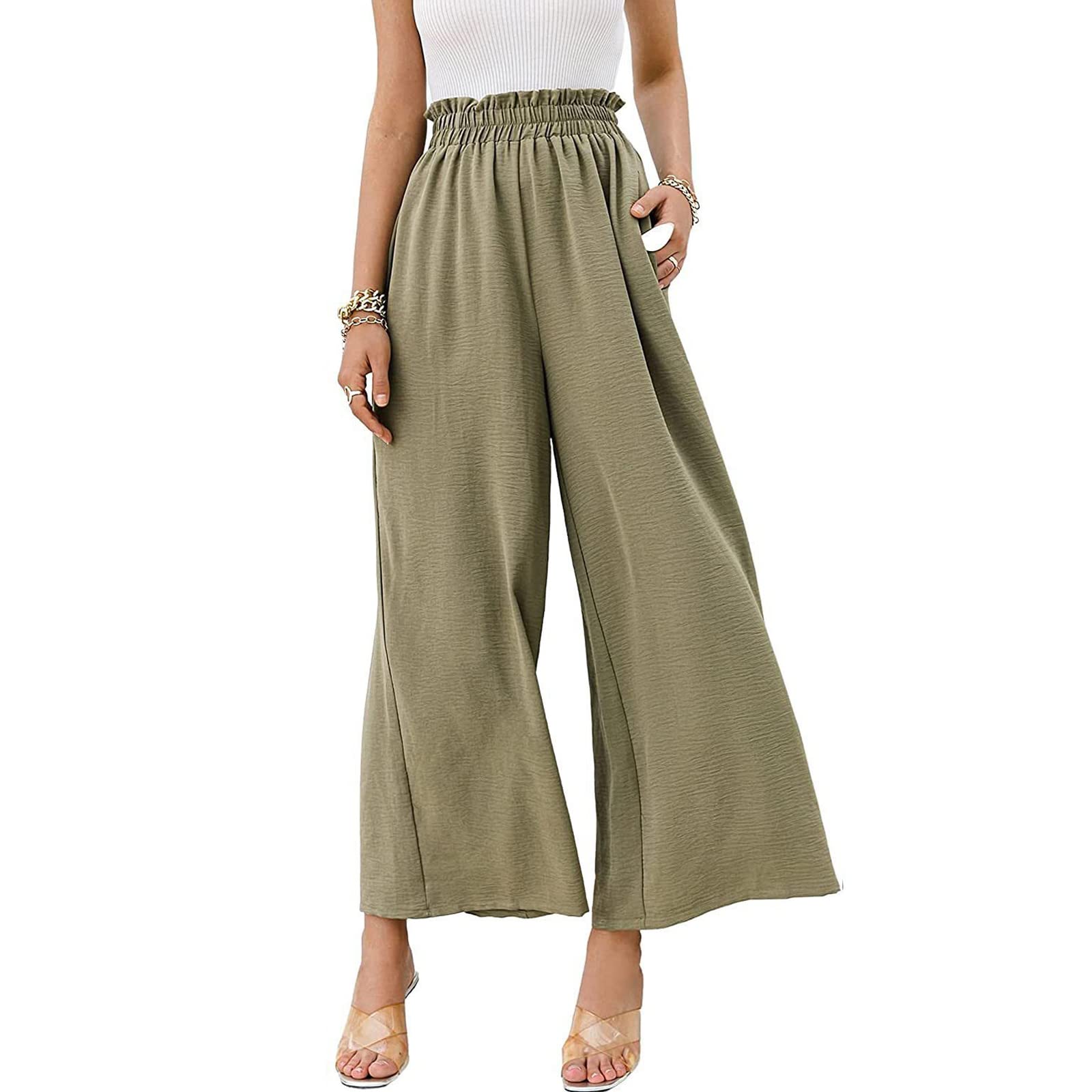 Women's Cotton Linen Elastic Waist Palazzo Pants - High Waisted Loose Lounge Pants with Pockets for Beach, Yoga & Casual Wear