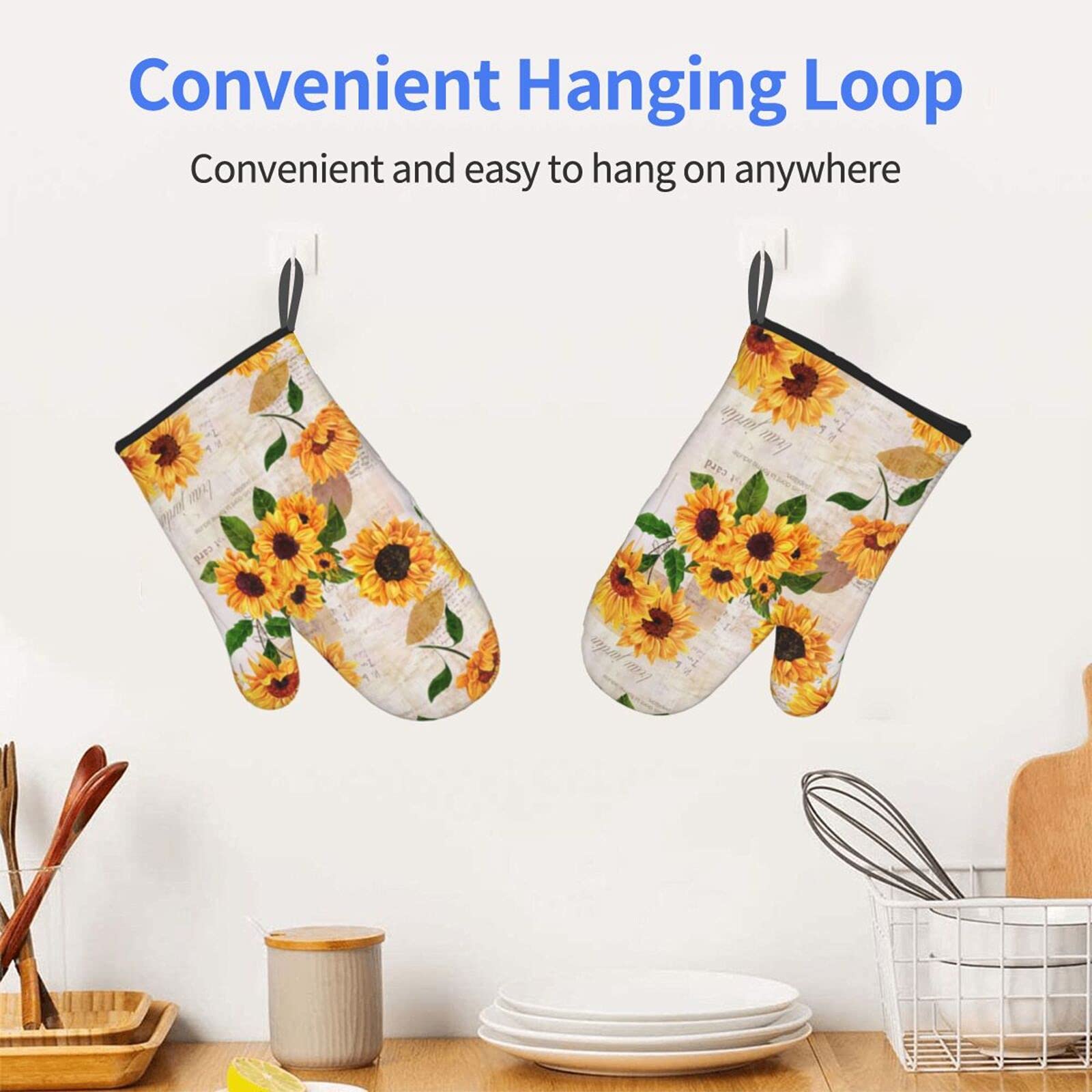 Vintage Yellow Sunflower Oven Mitts - Heat Resistant, Non-Slip & Waterproof Kitchen Gloves with Soft Cotton Lining for Cooking, Baking, BBQ - Perfect for Grilling, Baking Cookies, and Handling Hot Pots (2-Pack)