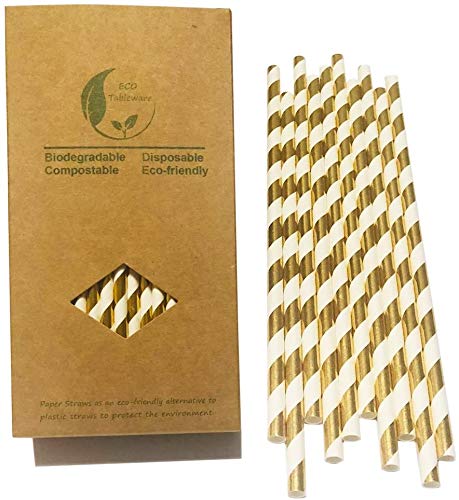 Eco-Friendly Gold Striped Paper Straws - 100% Biodegradable Drinking Straws for Cocktails, Juice & Smoothies | Perfect for Parties, Weddings & Home Decor (Pack of 100)