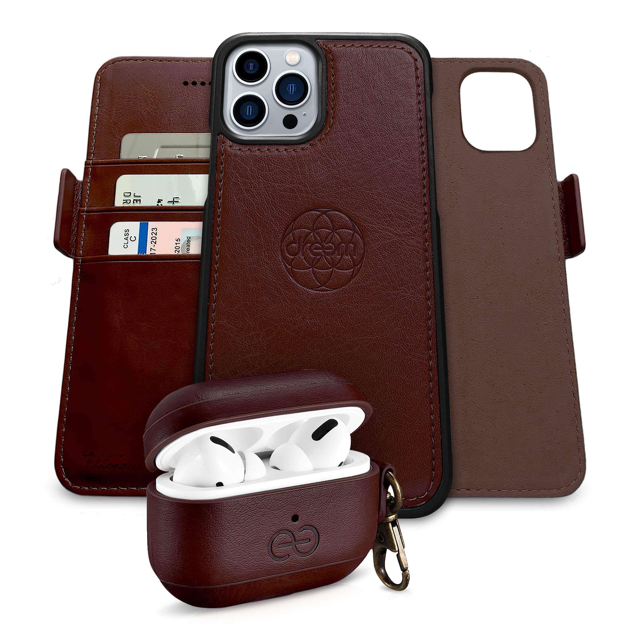 Premium Fibonacci Wallet-Case for iPhone 13 Pro Max & Om AirPod Pro Case Cover Set (Coffee Brown) - Stylish Protective Combo for Everyday Use, Travel & Business