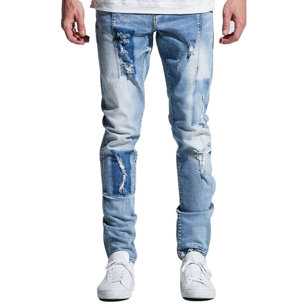 Paul Denim Light Blue Patch Jeans for Men - Distressed Slim Fit Stretch Denim Pants with Unique Patches | Perfect for Casual Wear, Street Style & Everyday Outfits