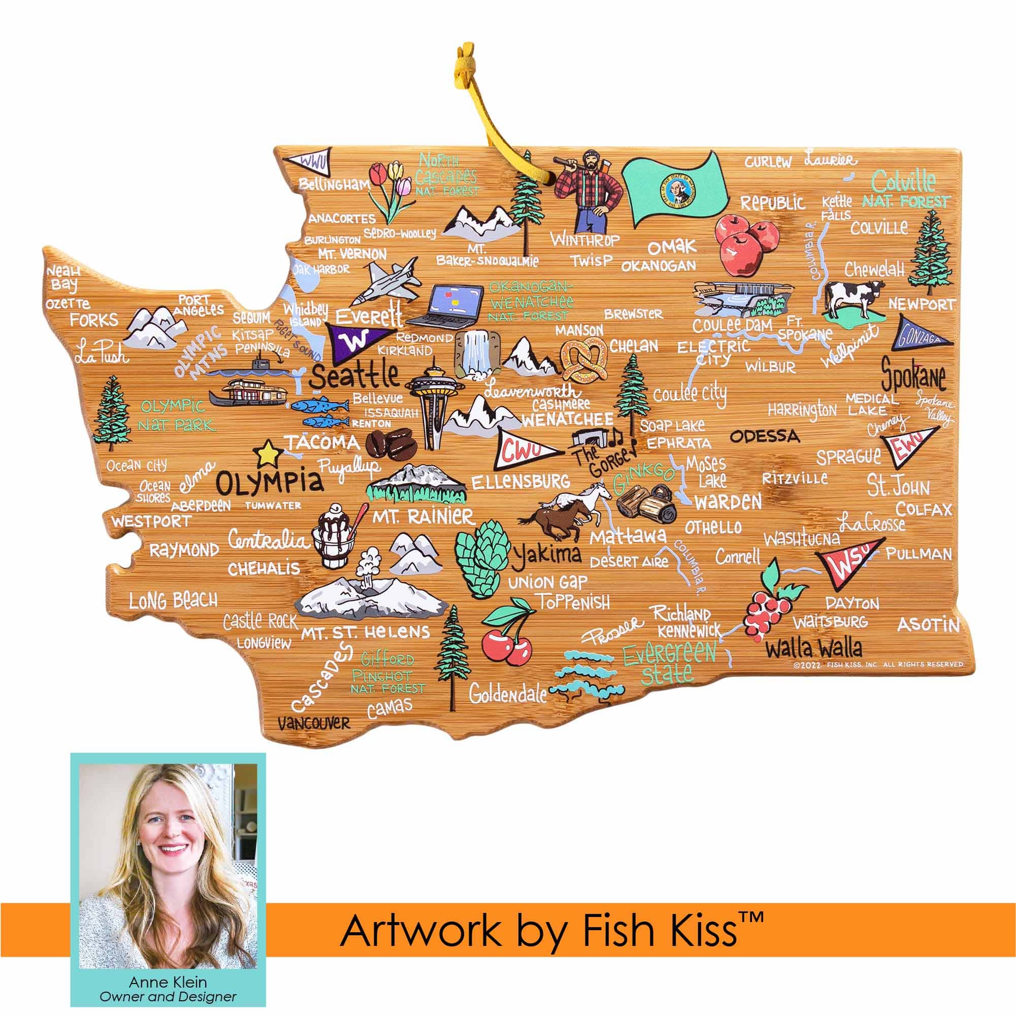 Washington State Themed Cutting Board with Fish Kiss™ Artwork - Durable Wooden Chopping Board for Kitchen, Perfect for Slicing Fruits, Vegetables, and Serving Charcuterie