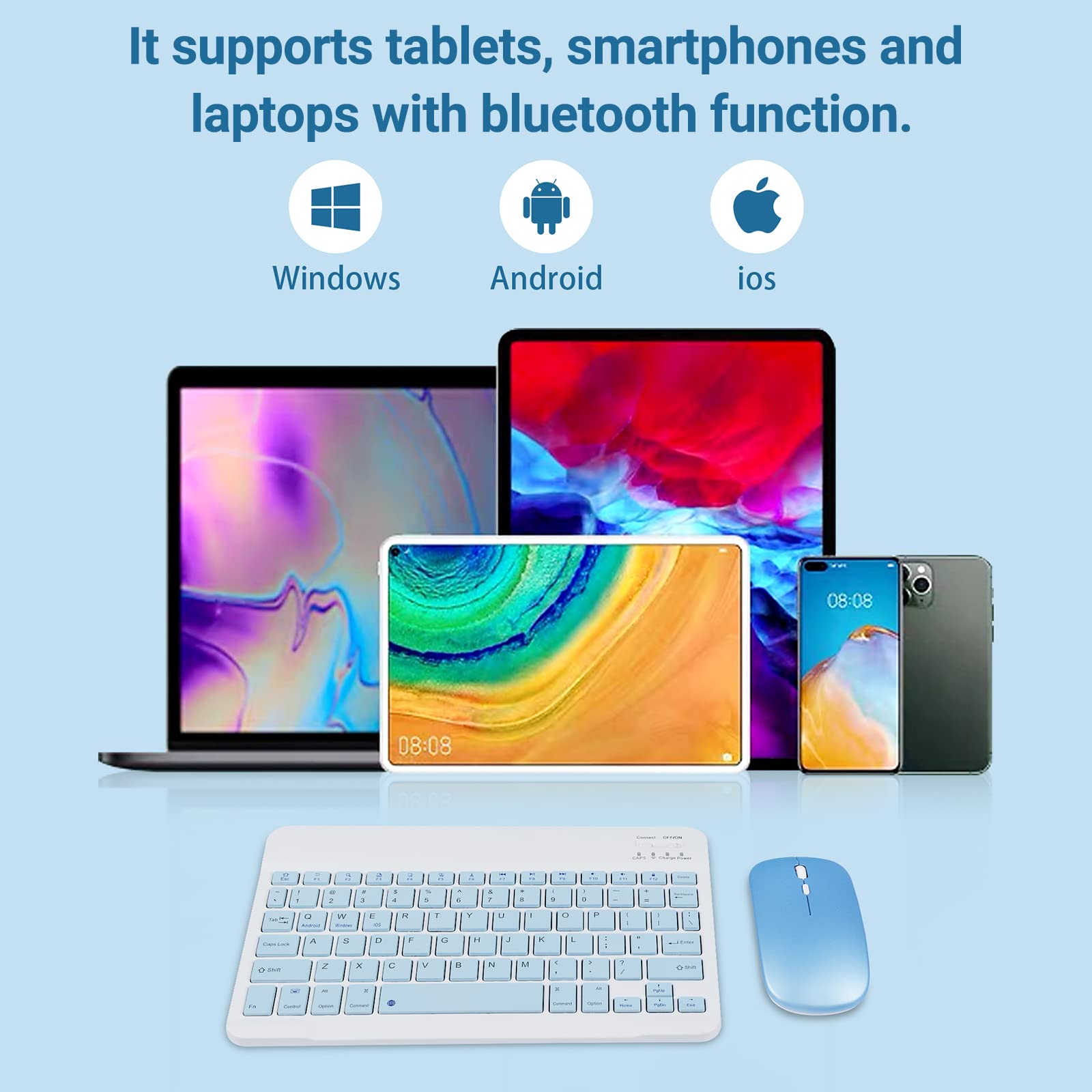 Ultra-Thin Wireless Bluetooth Keyboard and Mouse Combo - 2.4GHz Rechargeable for iPad Pro/Air/9.7, iOS, Android, Windows Devices (Blue) - Perfect for Home Office, Remote Work & Tablet Computing