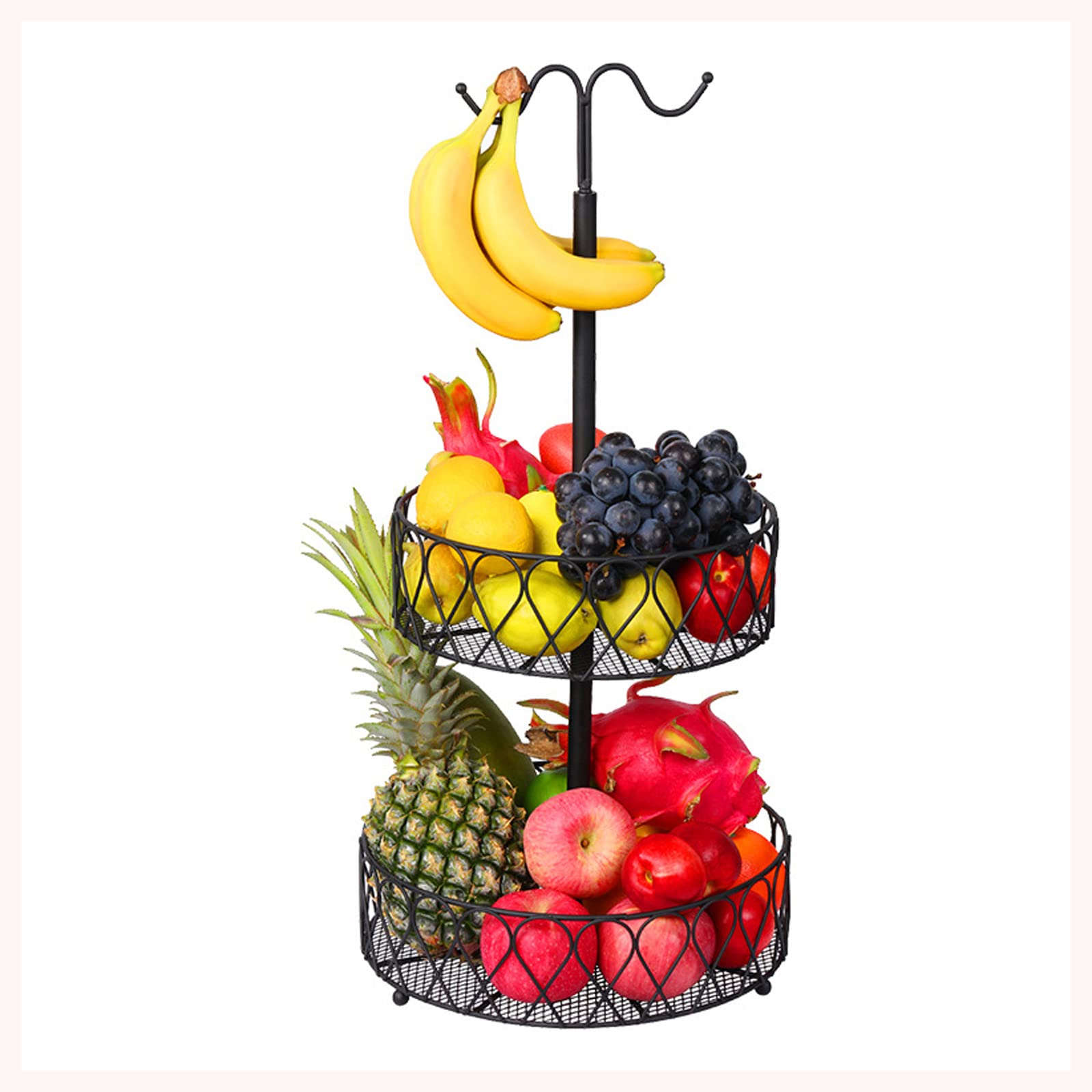 WANZPITS 2-Tier Metal Wire Fruit Basket with Detachable Banana Hanger - Kitchen Countertop Organizer for Fruits, Vegetables & Snacks - Space Saving Storage Solution for Fresh Produce Display