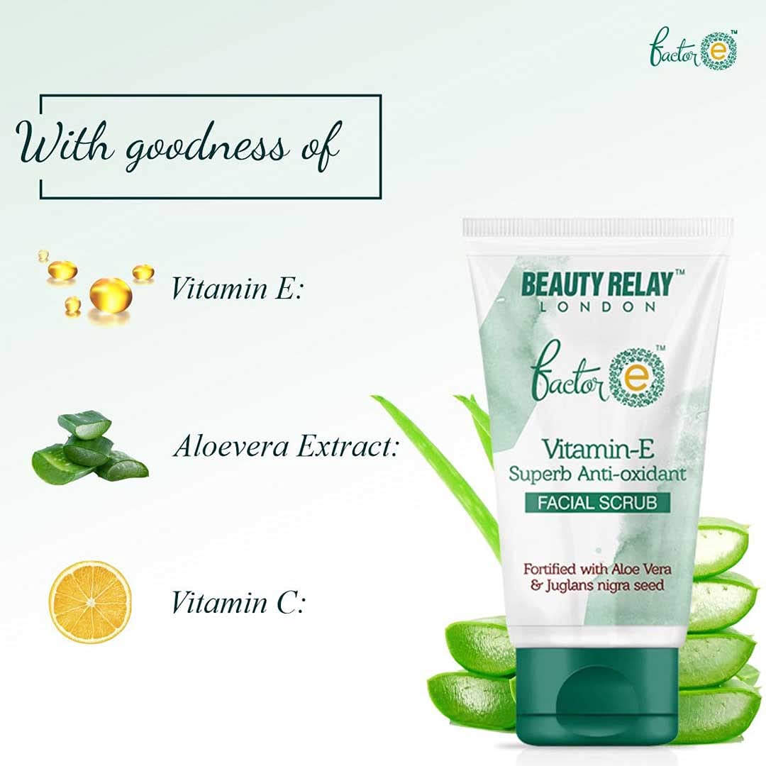 BEAUTYRELAY LONDON Vitamin E Antioxidant Facial Scrub - Whitening & Brightening Exfoliator for Dull Skin - Removes Tan & Sun Damage - 180g - Reveal Youthful Glow for Daily Skincare Routine