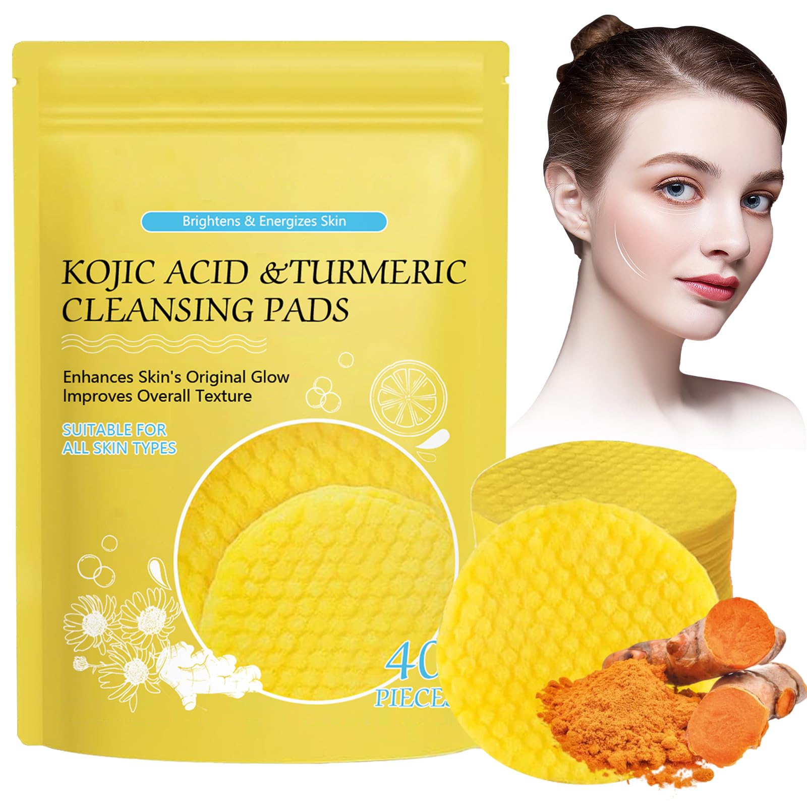 Kojic Acid & Turmeric Exfoliating Face Pads - Brightening Cleansing Pads for Even Skin Tone - Oil Balancing & Soothing Facial Treatment - 40 Count for Daily Skincare Routine - Perfect for Acne-Prone & Dull Skin