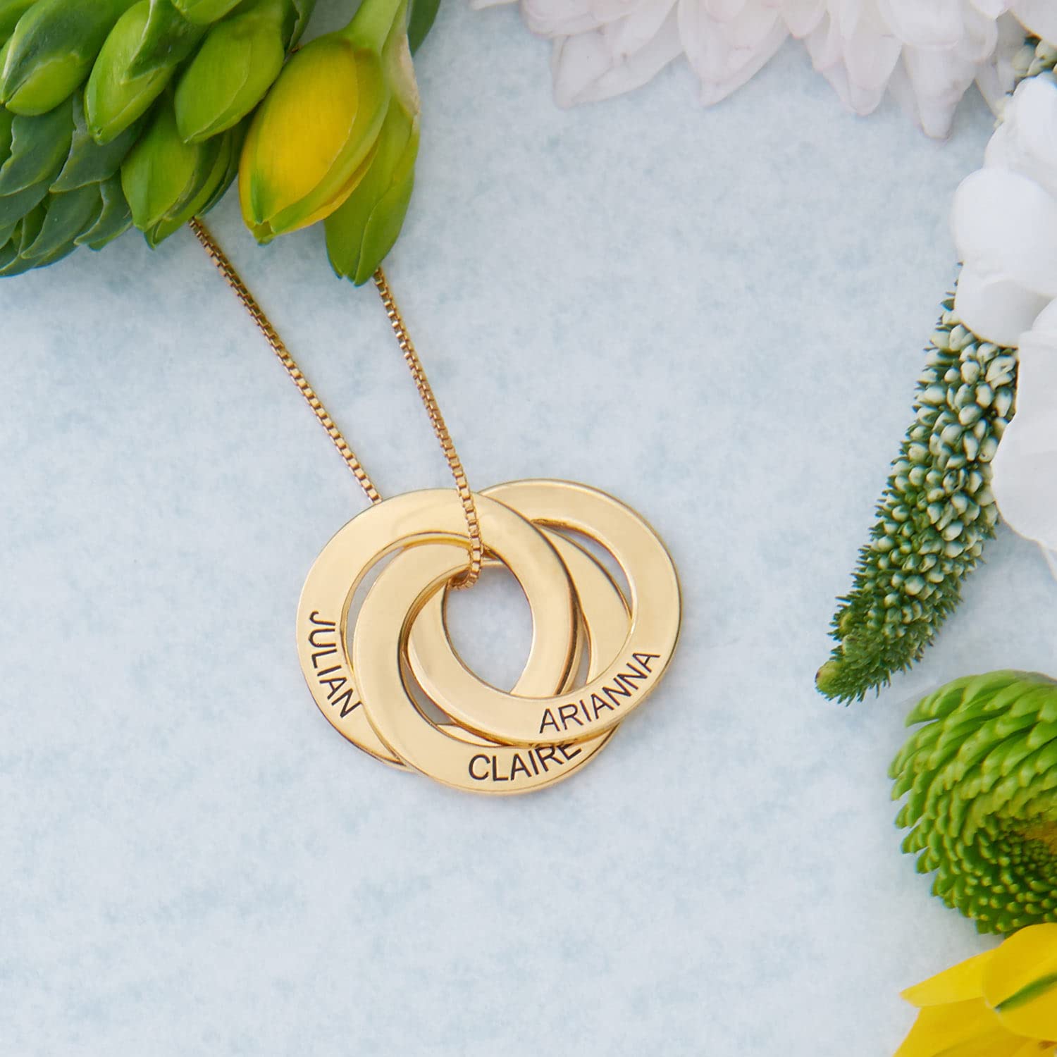 Personalized 3 Russian Ring Name Necklace for Women - Custom Engraved Jewelry Gift for Mom, Mother, Wife - 3 Interlocking Rings with Any Name - Perfect for Birthdays, Anniversaries & Special Occasions