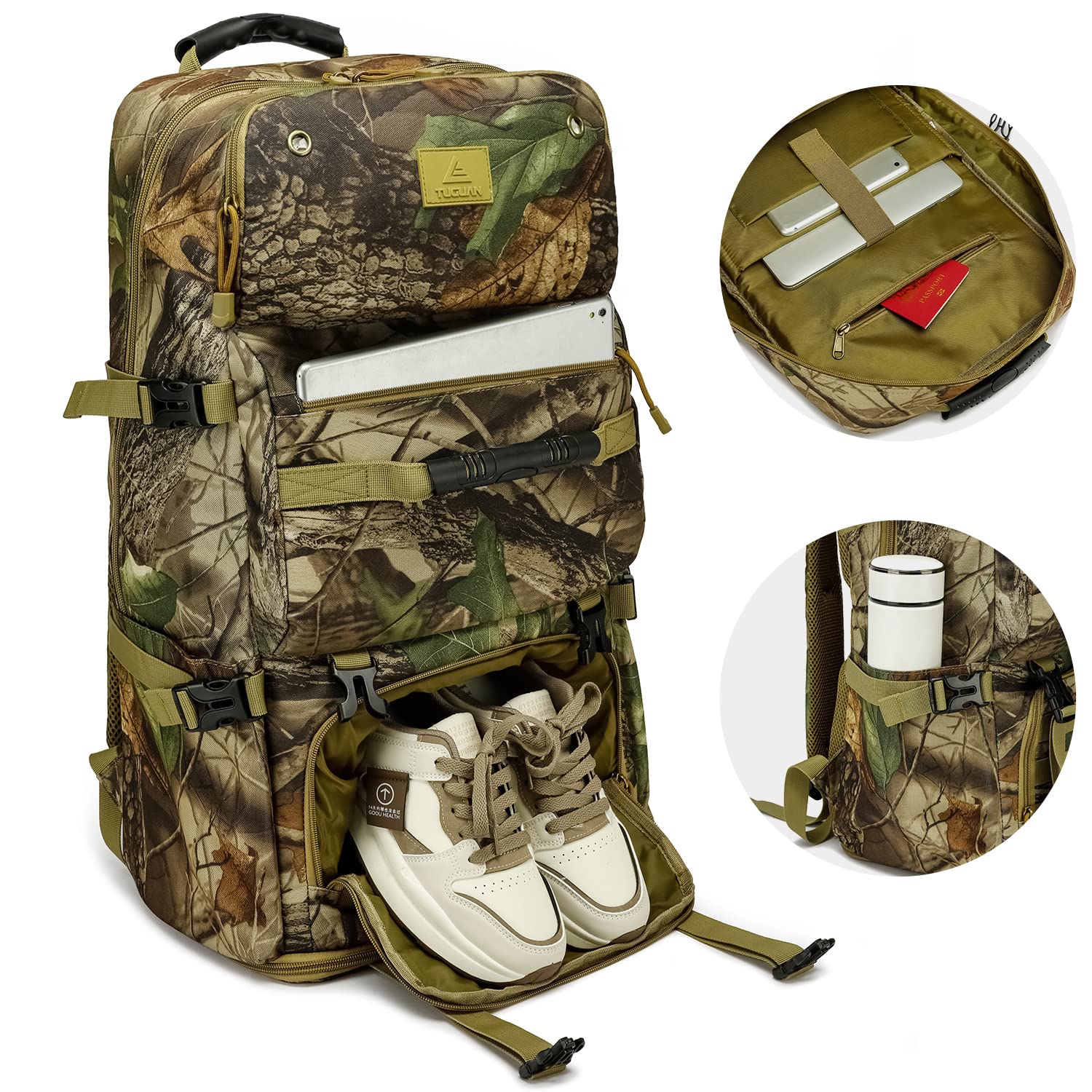 TUGUAN 50L/60L Expandable Military Tactical Backpack for Men - Waterproof Camouflage Laptop Hiking Backpack with Shoe Compartment, Large Capacity Durable Canvas Rucksack for Travel, Camping, Climbing & Outdoor Adventures