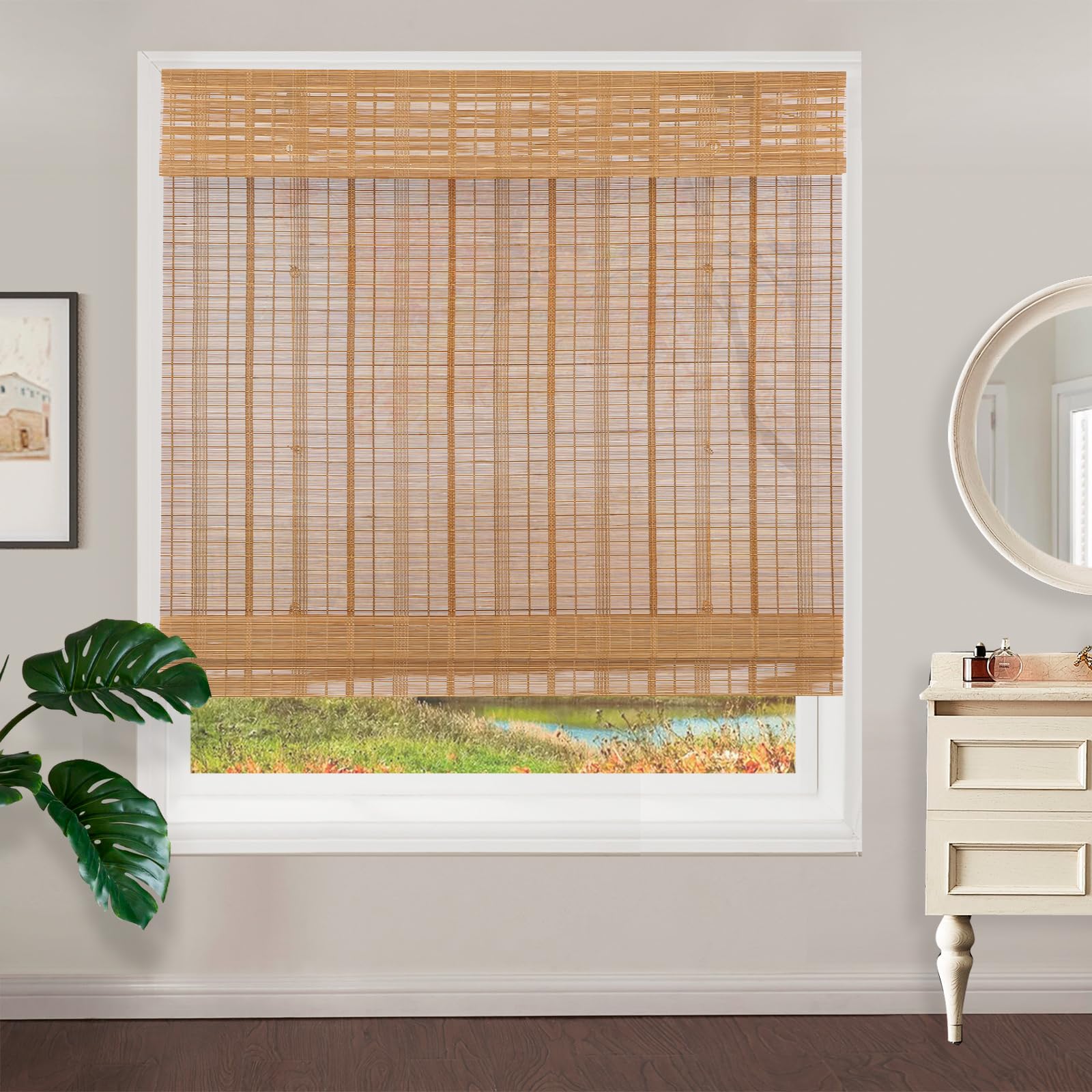 Cordless Bamboo Roman Shades - Light Filtering Roll Up Window Blinds with Valance for Kitchen, Doors & Porch | Natural Wood Tone Home Decor | Perfect for Living Room, Bedroom & Office Privacy