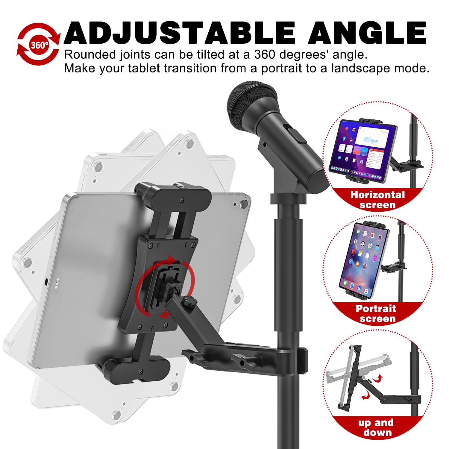 Universal Tablet Mount for Mic & Music Stands - Adjustable Phone & iPad Holder (iPad Pro/Air/Mini & All Smartphones 4.7-13.5 Inches) - Perfect for Musicians, Presenters & Online Teachers