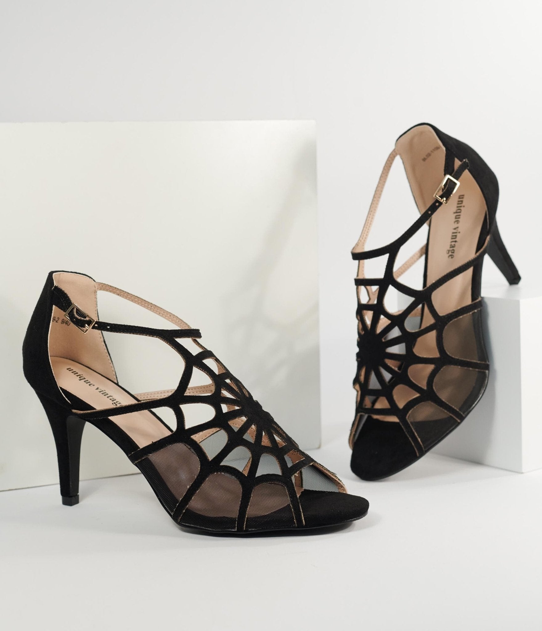 Vintage 1940s Black Spider Web Heels - Retro Gothic Lace-Up Pumps for Halloween, Cosplay & Vintage Fashion Enthusiasts
