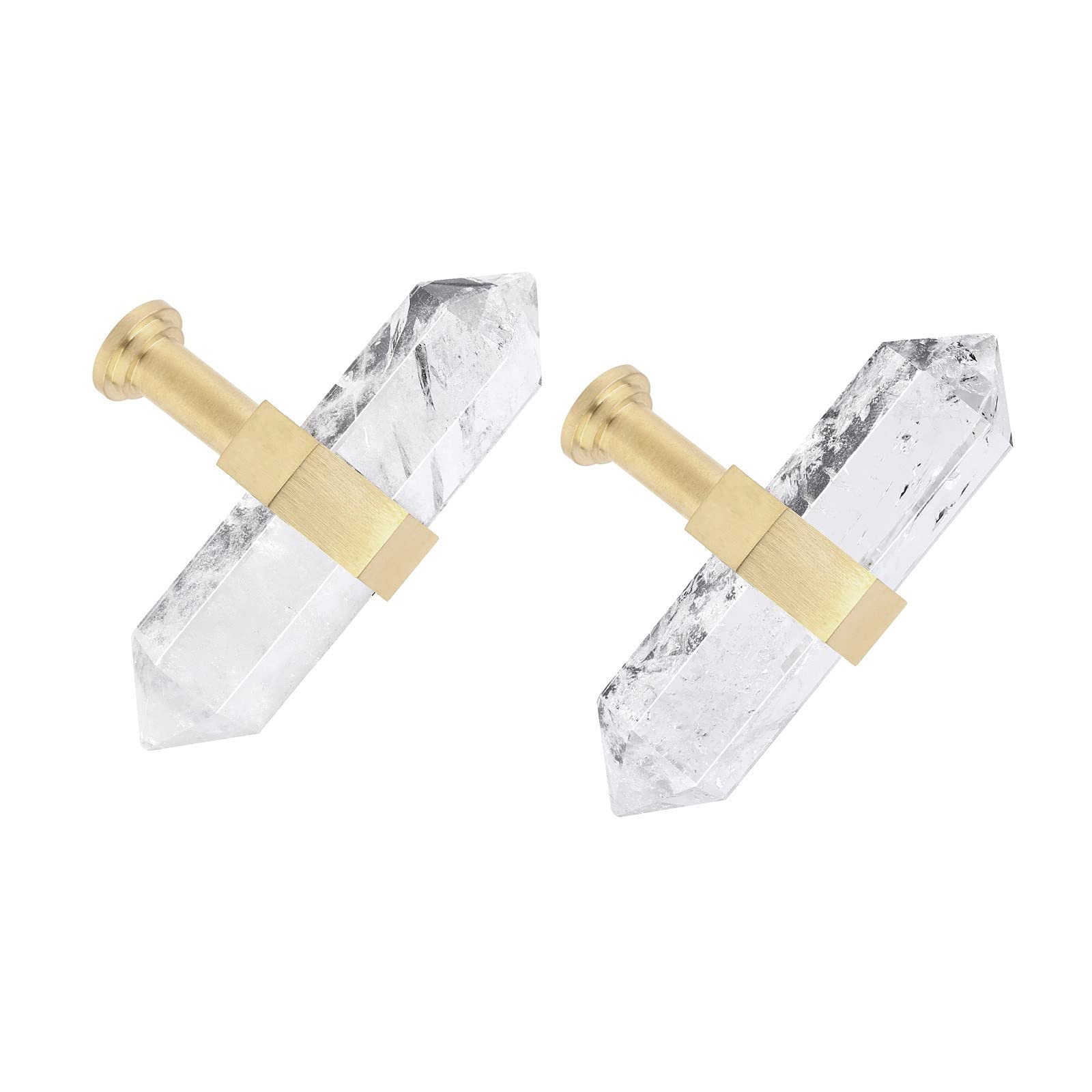 Rock Quartz Crystal Drawer Knobs Set of 2 - Brushed Brass Cabinet Handles for Kitchen & Dresser Decor