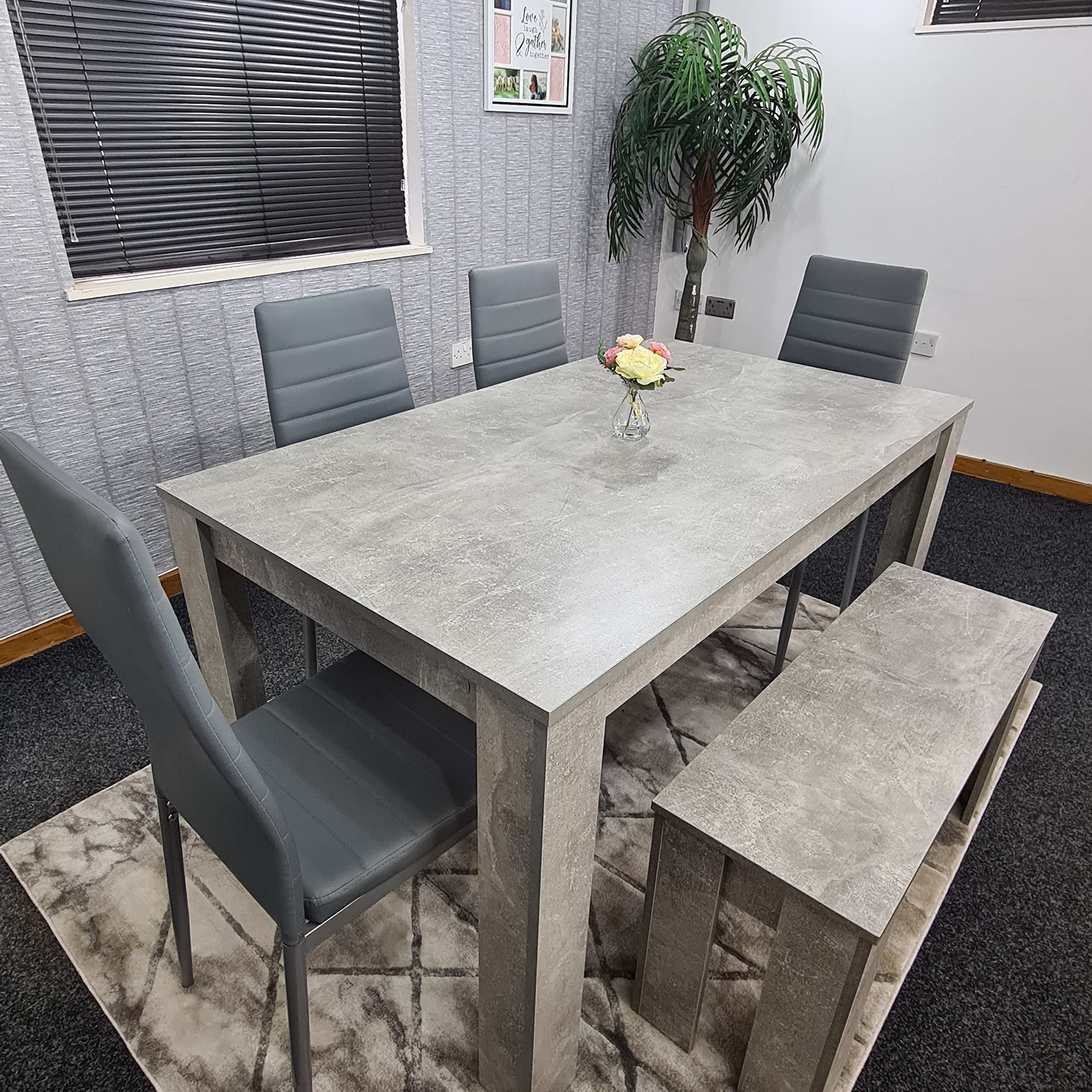 Stylish Grey 5-Piece Dining Set with Table, 4 Chairs & Bench - Modern Kitchen Furniture for Small Spaces | Perfect for Breakfast Nook, Apartment Dining or Cozy Family Meals
