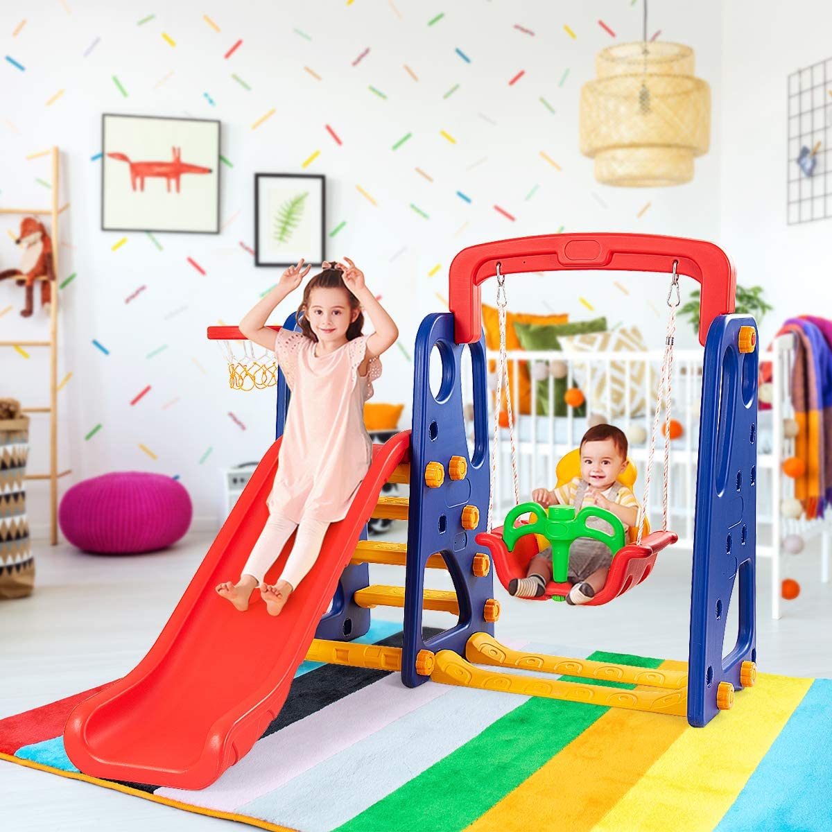 **HOMGX 4-in-1 Kids Slide and Swing Set - Outdoor & Indoor Playground for Toddlers with Basketball Hoop, Climbing Stairs & Long Slide - Easy Setup Backyard Playset for Boys & Girls - Perfect for Gardens, Parks, and Playrooms**