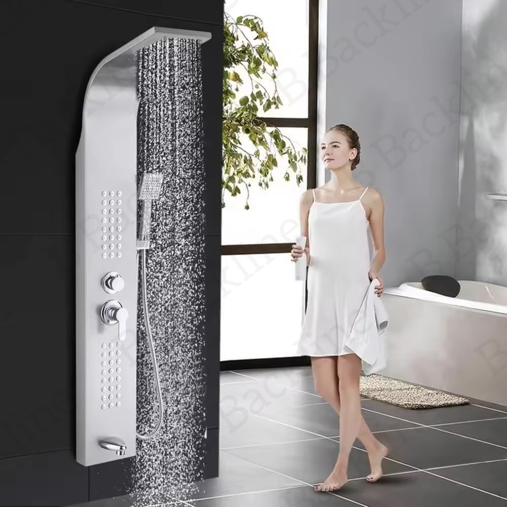 Stainless Steel Shower Panel Set with Dual Flow Overhead Waterfall & Hand Shower - Brushed Chrome Wall Mount Bathroom Fixture for Spa-Like Experience