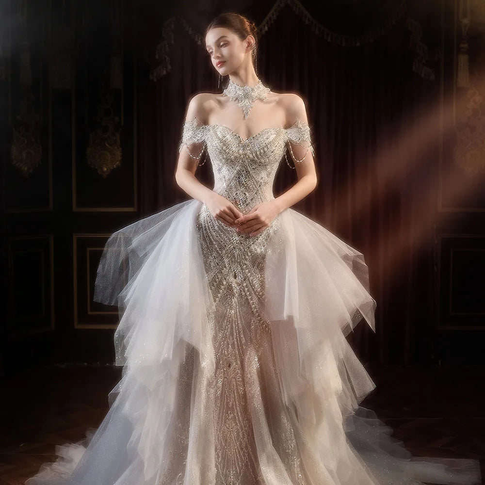Elegant Mermaid Wedding Dress with Short Sleeves & Lace Beading - Perfect for Beach Weddings, Vow Renewals & Romantic Photoshoots