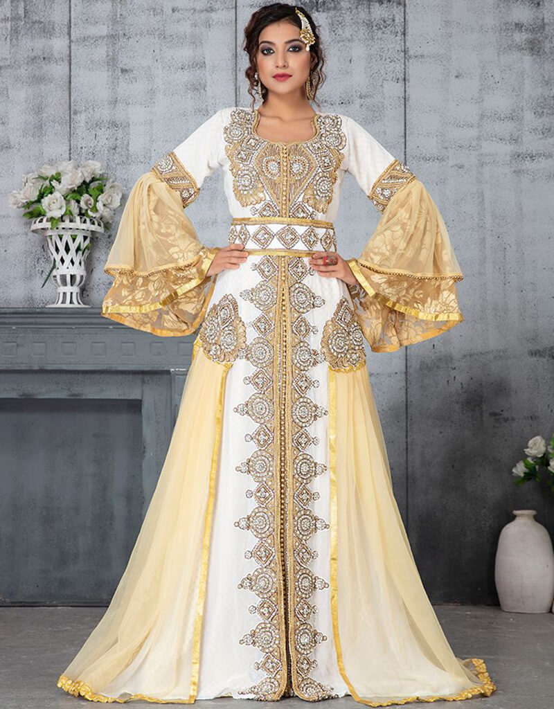 Handmade Arabic Takchita Dress - Off White & Beige Georgette with Golden Stone Embroidery for Special Occasions & Weddings