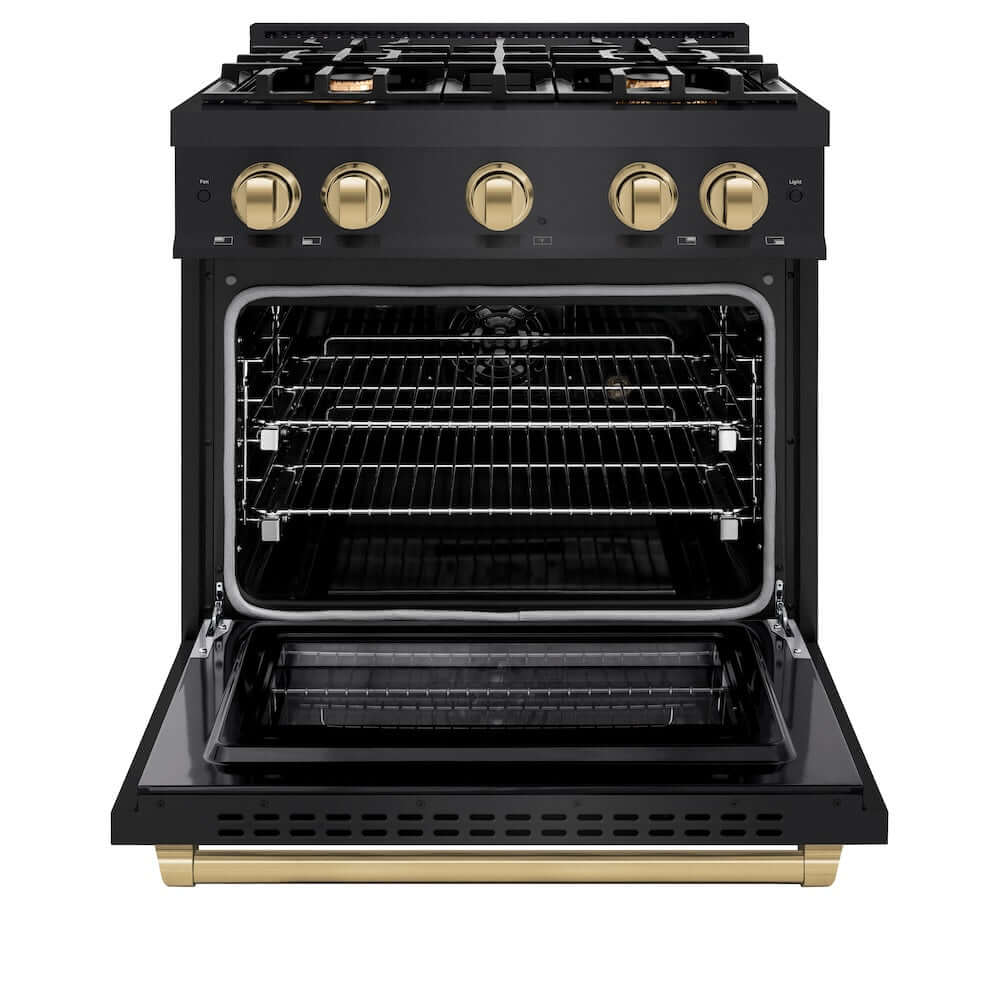 ZLINE Autograph Edition 30-inch 4.2 cu. ft. Dual Fuel Range - 4 Burner Gas Cooktop & Electric Convection Oven - Black Stainless Steel with Champagne Bronze Accents (HDRBZ 30 CB) - Perfect for Modern Kitchens & Professional Cooking